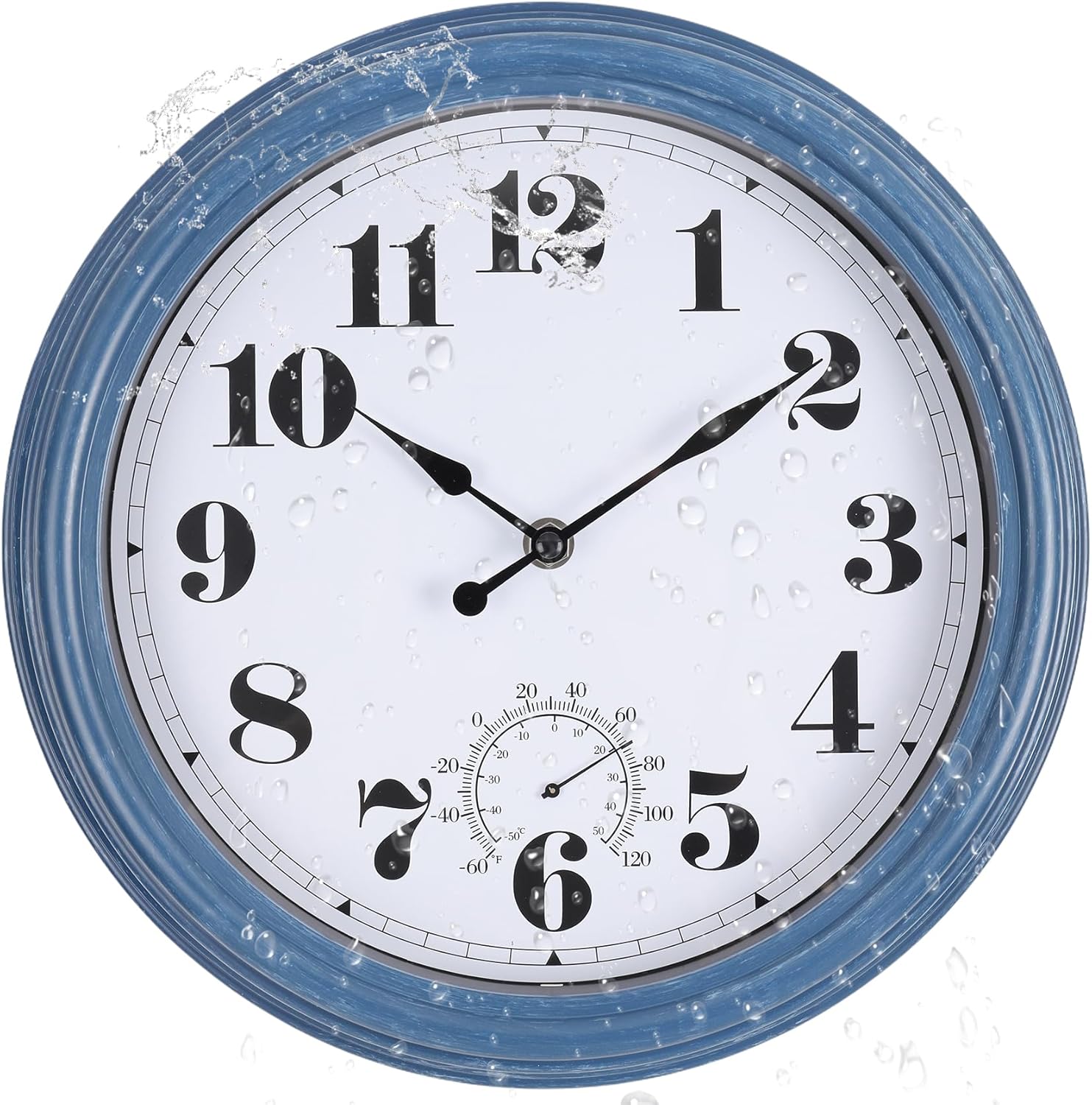 Outdoor Clock Waterproof 14 Inch Outdoor Clocks with Thermometer Combo Wall Clock Battery Operated Non-Ticking Blue Clocks for Patio Pool