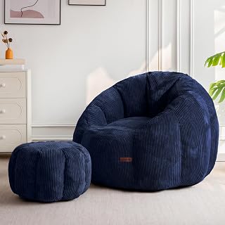 MAXYOYO Bean Bag Chair with Ottoman, Giant Pumpkin Lounge Chair for Adults | Oversized Bean Bag Chair with Footstool, Comfy and Lazy Lounge Boneless Chair for Dorm, Living Room, Bedroom, Navy
