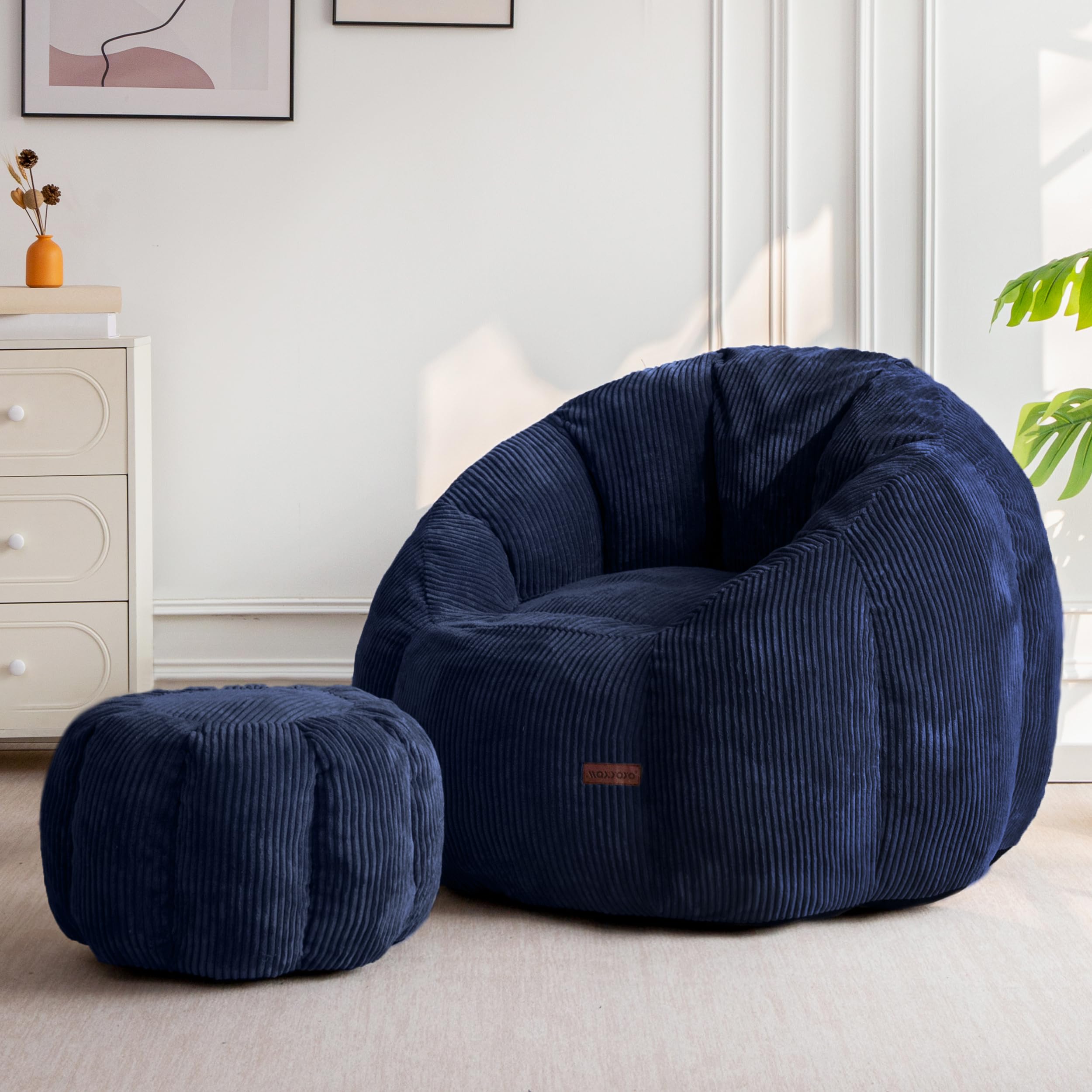 Photo 1 of MAXYOYO Giant Bean Bag Chair with Ottoman, Pumpkin-Shaped Bean Bag Sofa with Footstool, Oversized Boneless Couch Chair in a Box, Comfy and Lazy Lounge for Dorm, Living Room, Bedroom, Navy