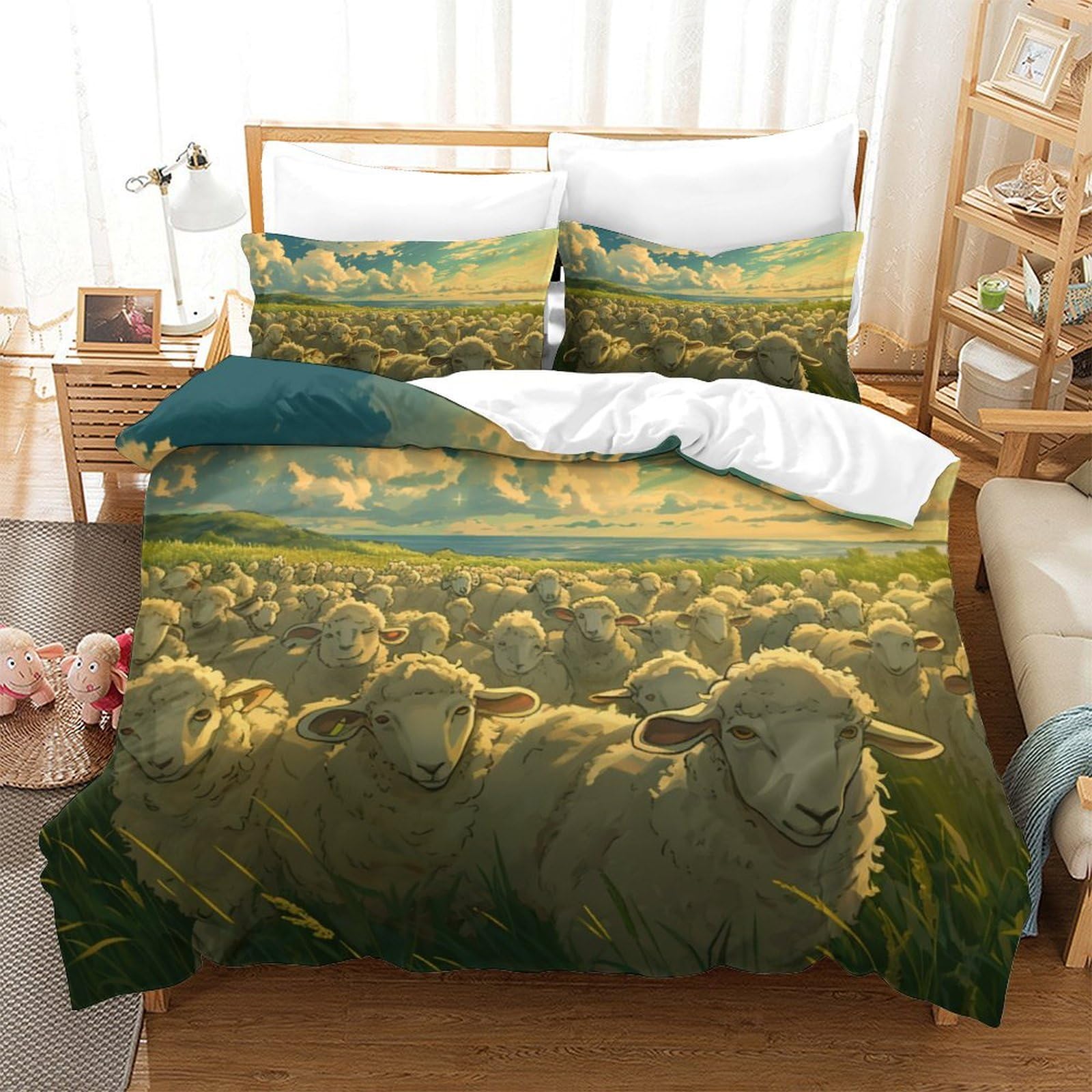 Housse de couette respirante 3D moutons : la solution anti-transpiration pour grand lit 3 pièces