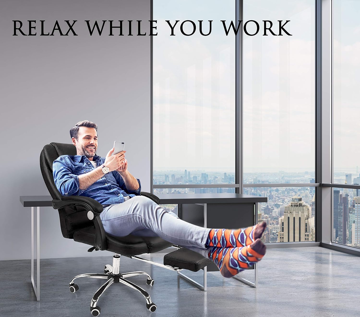 Halter Reclining Leather Office Chair - Modern Executive Adjustable Rolling Swivel Chair Headrest with Retractable Footrest (Black)