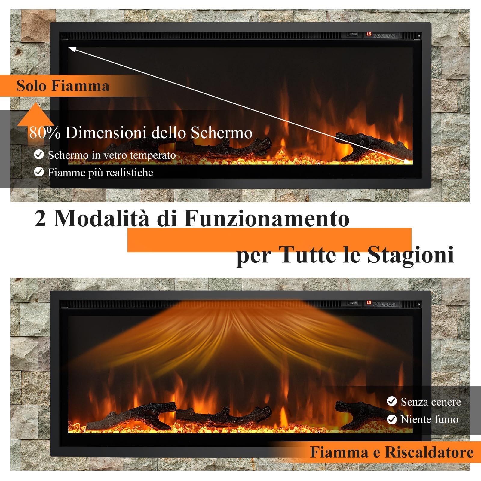 GYMAX Camino Elettrico, Caminetto a Parete Incassato, 750W/1500W, con Telecomando, Timer, Decorazione di 3 Tronchi e Cristalli, 91,5 x 14 x 45 cm (91,5 x 14 x 45 cm)