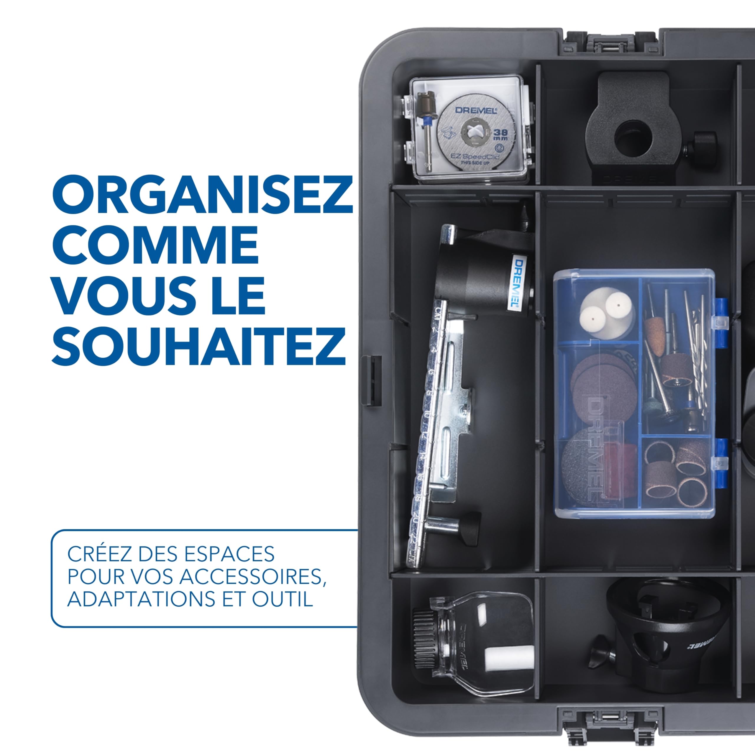 Dremel Coffret de transport avec 6 séparateurs et boîte de rangement d'accessoires, Solution d'organisation pour accessoires d’outils multi-usages, Système compact et empilable