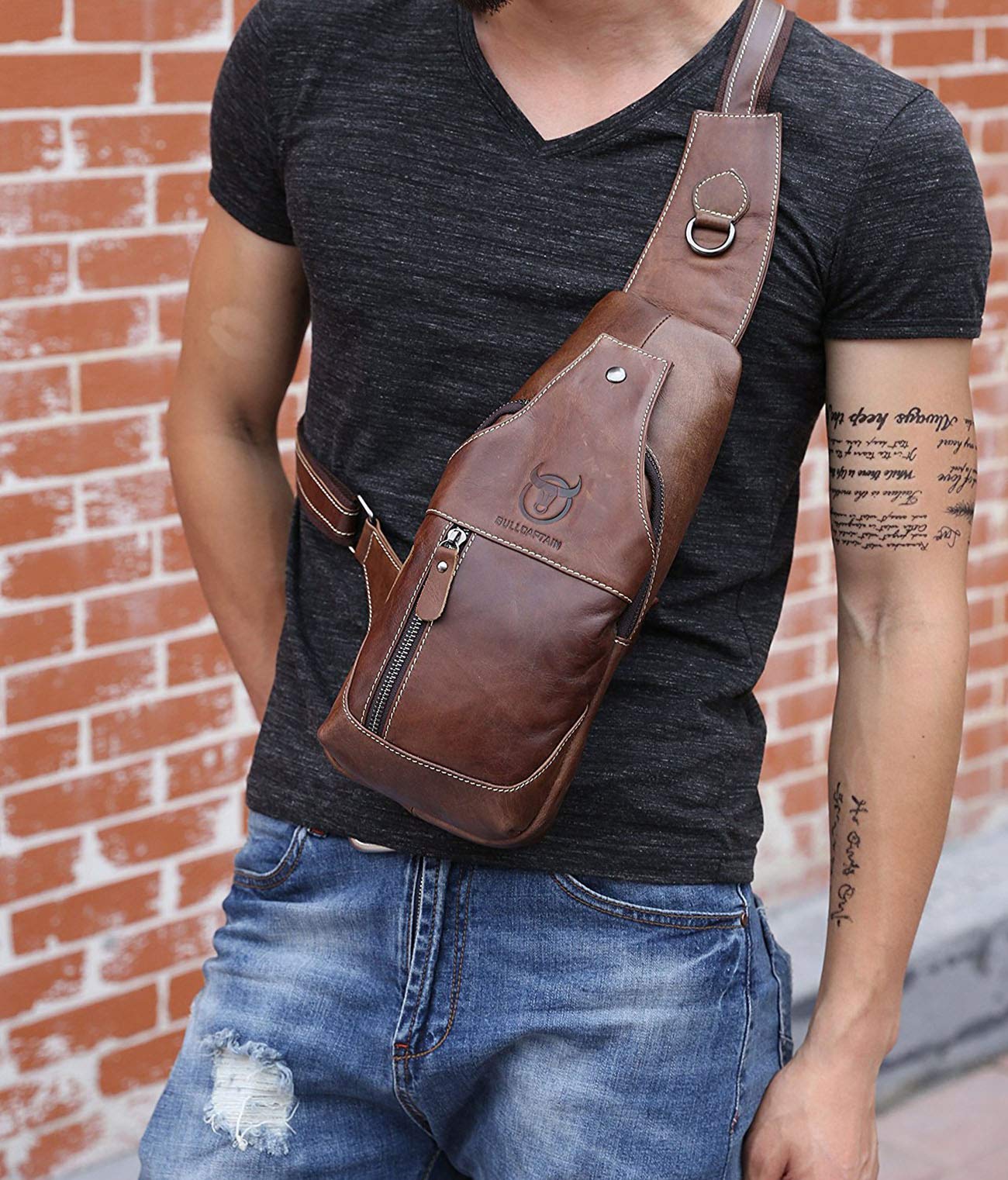 BULLCAPTAIN Bolso Hombre Pequeña Piel, Mochila de Cuero Autentico, Bolsos de Hombro y Pecho, Bolsos Bandolera, Bolsa Resistentes al Agua Para Escolare Ciclismo Senderismo (Marrón)