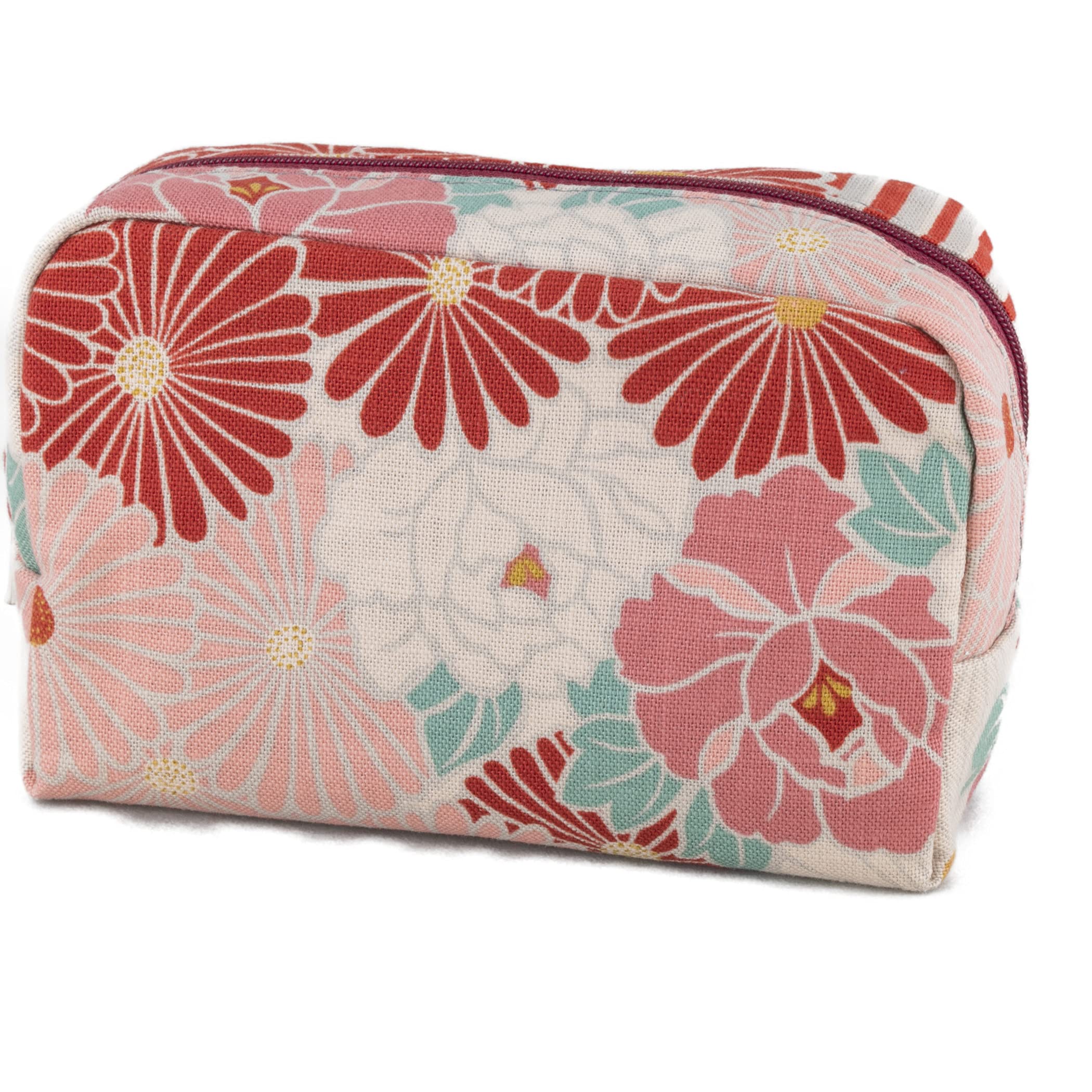 Small Makeup Bag (Retro Flower Red), Made in Japan Japanese Kimono Design,Zipper Cosmetic Travel Toiletry Pouch for Women Girls
