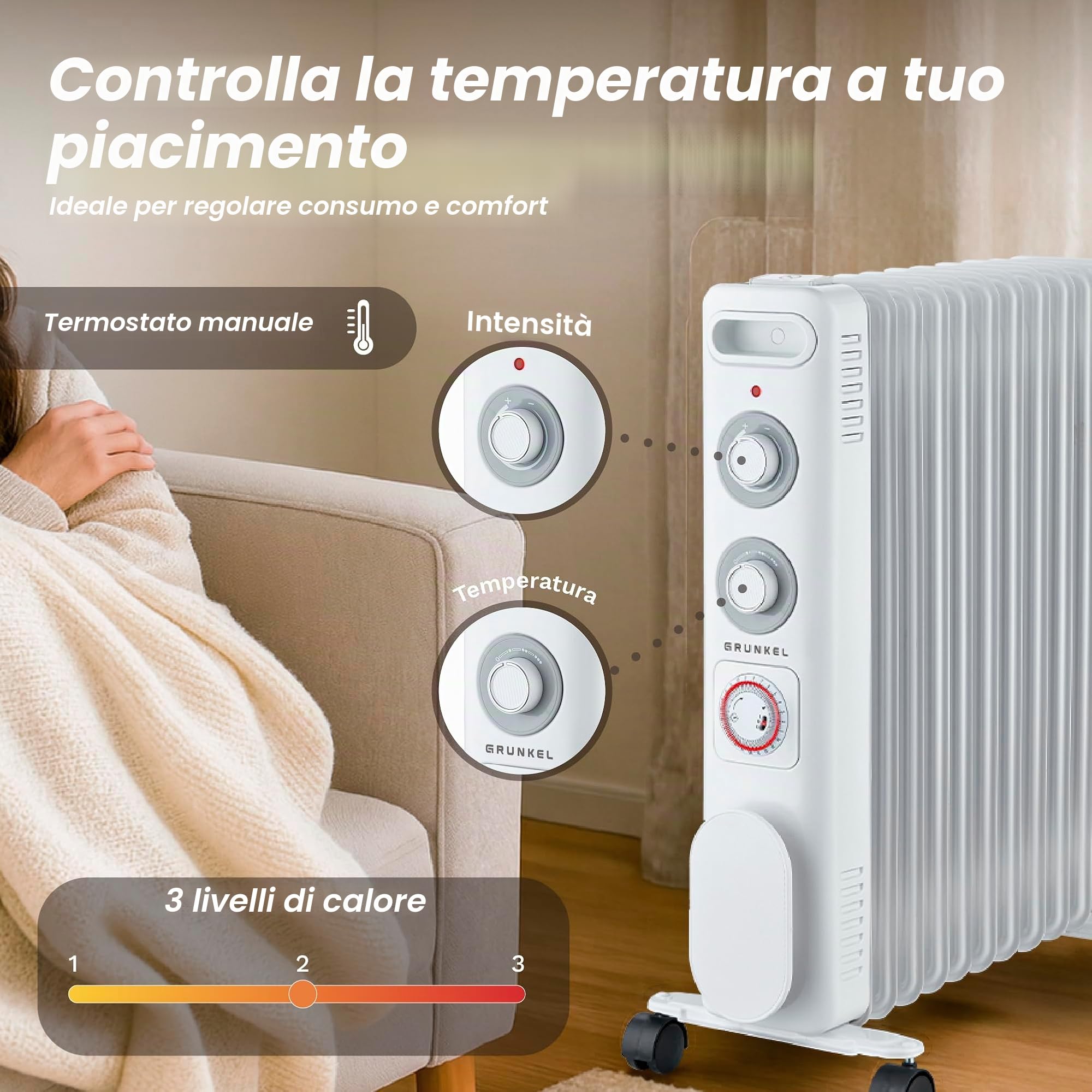 GRUNKEL RD-2000S Radiatore ad olio, 2000 W-2500 W, 9 elementi, 3 livelli di potenza, timer 24 ore, termostato regolabile, ruote multidirezionali
