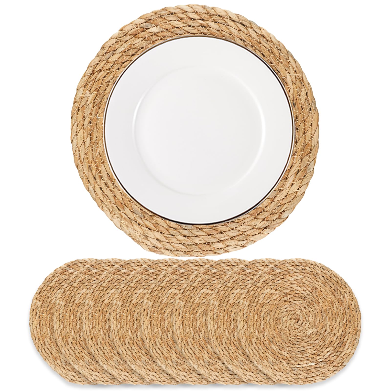 Dimpola Woven Placemats Set of 8, 13.5" Boho Rattan Placemats Round Natural Hand-Woven Water Hyacinth Placemats, Farmhouse Place Mats, Rustic Braided Wicker Table Mats for Dining Table,Home,Wedding