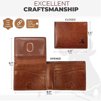 RFID Bifold Leather Wallet for Men with Flip Up ID - Vintage Buffalo Brown, Adventure Brown