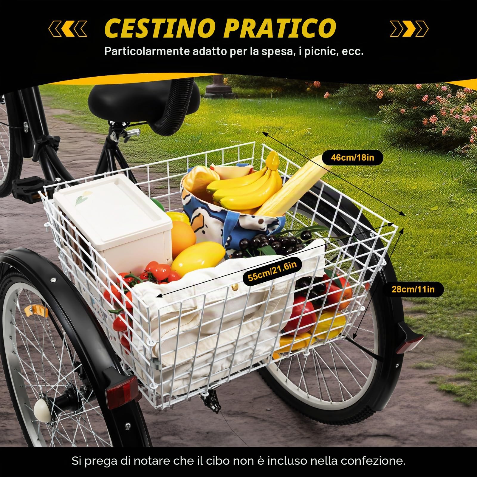 Triciclo pieghevole per adulti da 24 pollici a 7 velocità nero – triciclo pieghevole con schienale e cestino della spesa, capacità di carico 95kg, freno a V/freni a tamburo per città, spiagge, piste