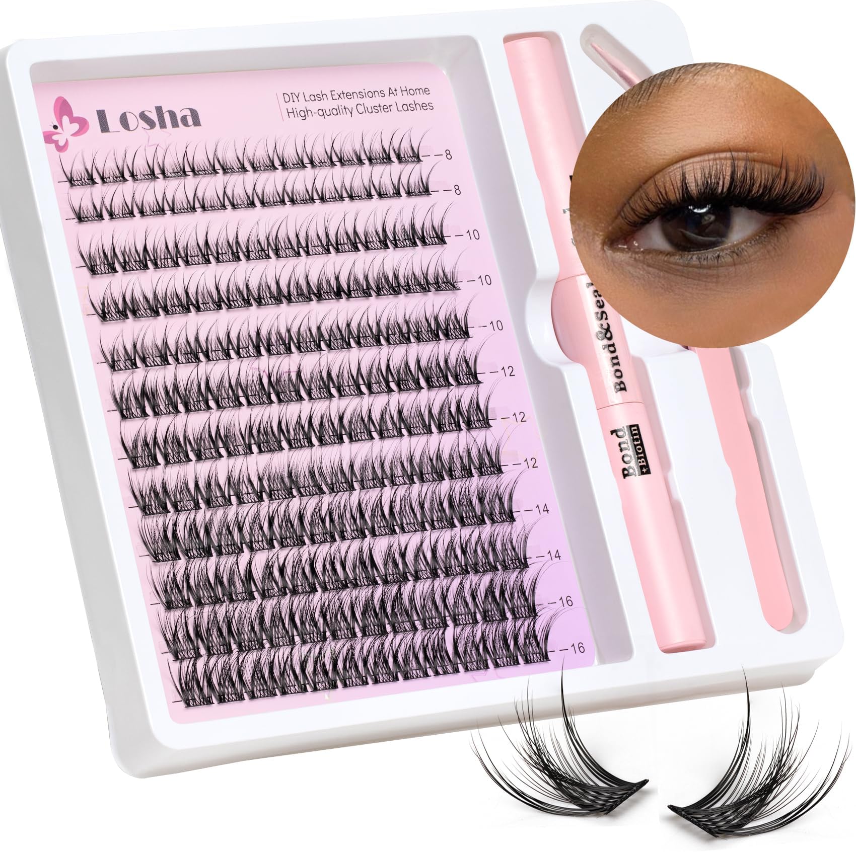 Losha Lash Extension Kit 144pcs Wispy Lash Clusters Kit 8-16mm Natural Cluster Eyelash Extensions C Curl DIY Lash Extensions Kit For Beginners (LD04 Flutter)