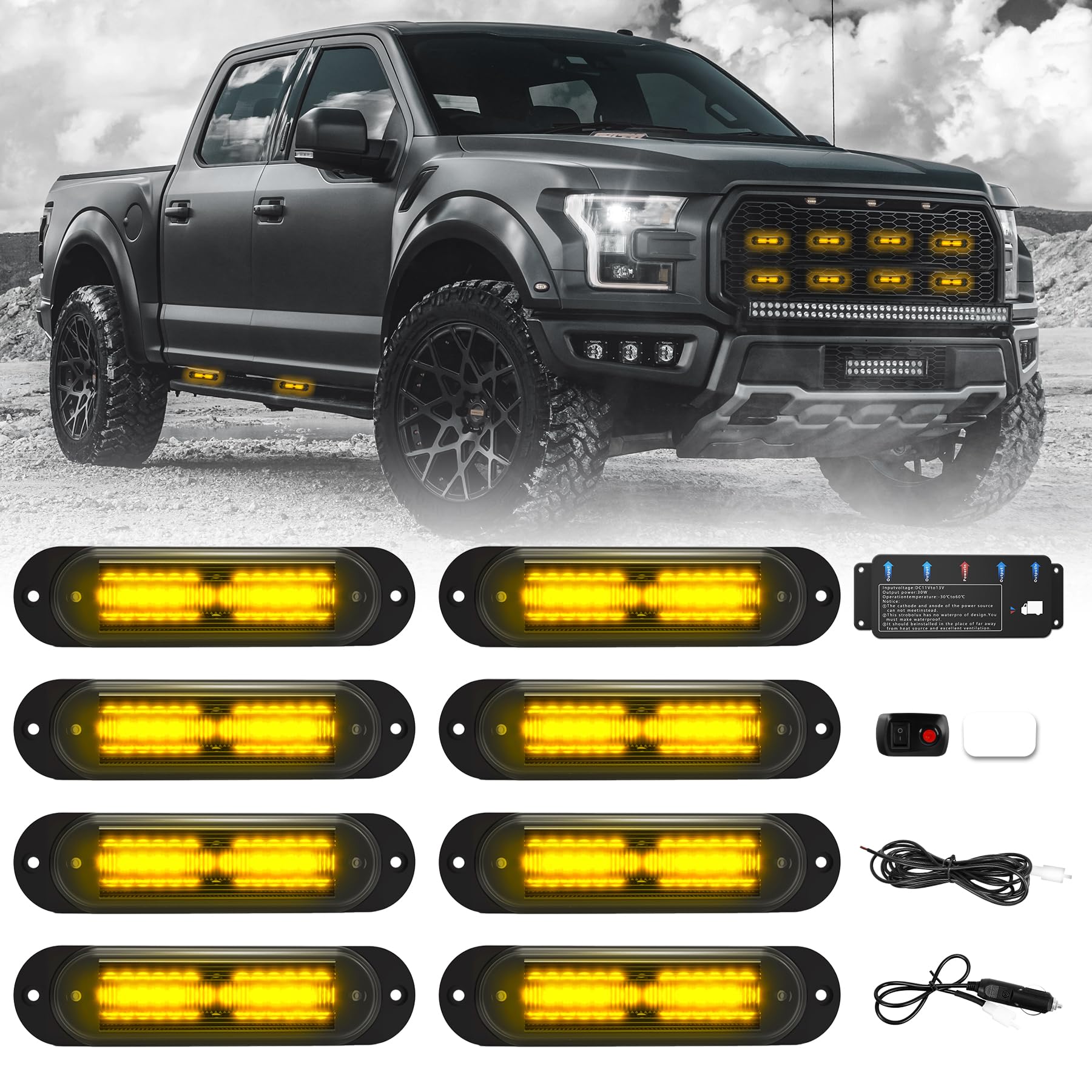 8Pcs Amber Strobe Lights for Trucks, LED Emergency Warning Flashing Grille Lights Surface Mount Ultra Slim Sync with Control Box for Construction Trucks Vehicles Car