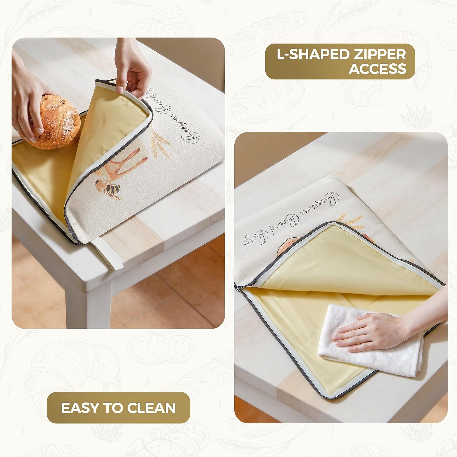 2 Packs Wide Zipper Access Beeswax Bread Bags for Homemade Bread,Linen Outer Lining and Pure Cotton Beeswax Inner Lining Moisture-proof Construction,Reusable XLBread Bag with Zip Keeps Fresh Longer image 4