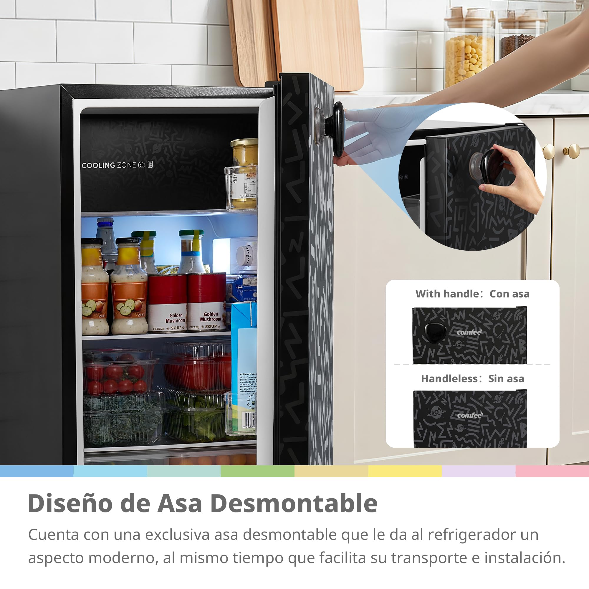Comfee' RCD92BF2EUY(E) Refrigerador 1 Puerta 88 L, Refrigerador Compacto Bajo Encimera, Temperatura Ajustable, Bajo Nivel De Ruido, Mini Frigorífico De Instalación Libre, Puerta Reversible, Negro