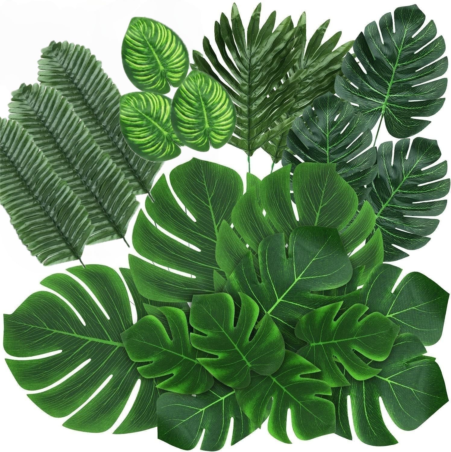 Pack of 74 Artificial Tropical Leaves, 8 Varieties Palm Leaves & Monstera Leaves, Artificial Leaves Jungle Decoration for Hawaii Luau, Dino, Safari, Birthday & Wedding Party Table Decoration