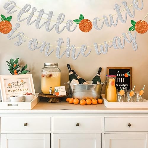 Miniatura 7 de Cartel con texto en inglés "A Little Cutie Is On The Way", pancarta de cítricos, cumpleaños temático naranja, decoración de fiesta de cumpleaños con