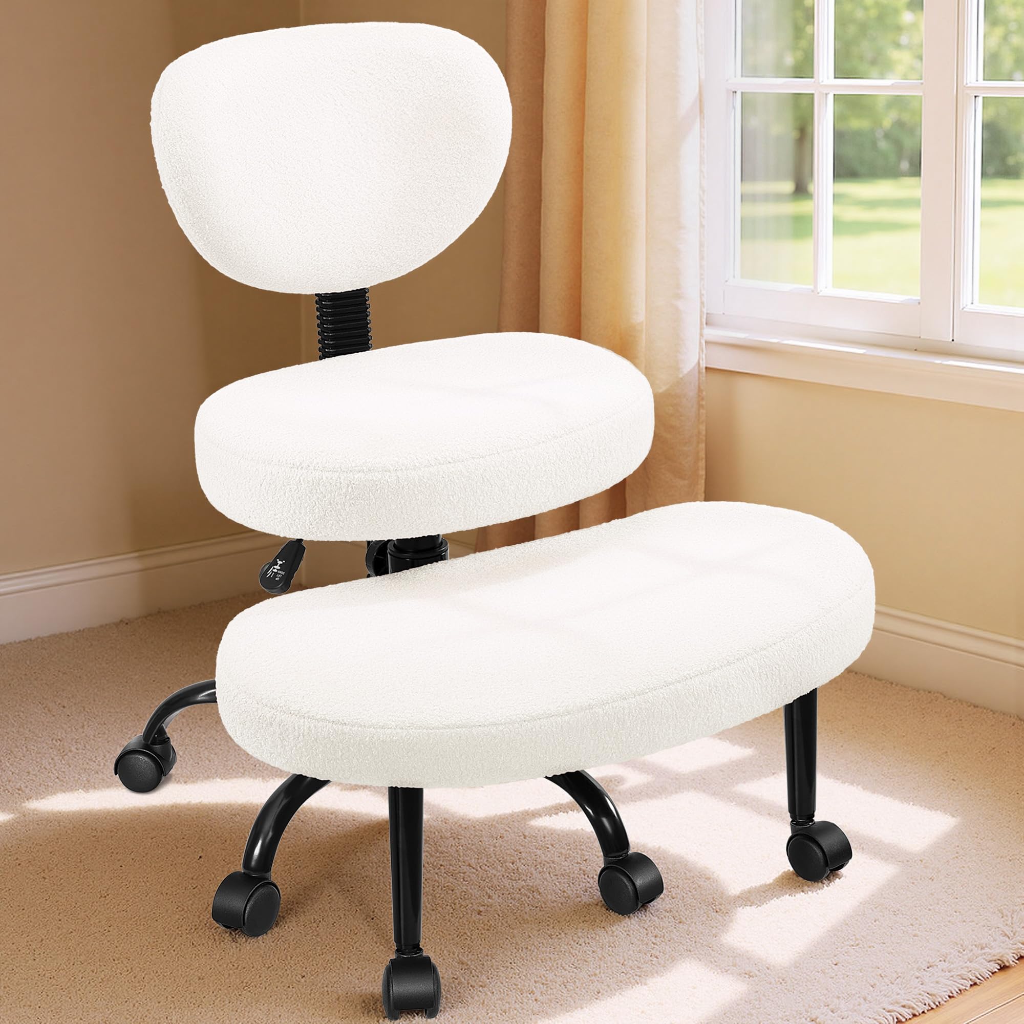 AtHope Ergonomic Cross Legged Office Chair with Wheels - Adjustable Height for Meditation, ADHD Desk & Yoga - Wide Criss Cross Design with Lumbar Support, Kneeling Chair -: Off White