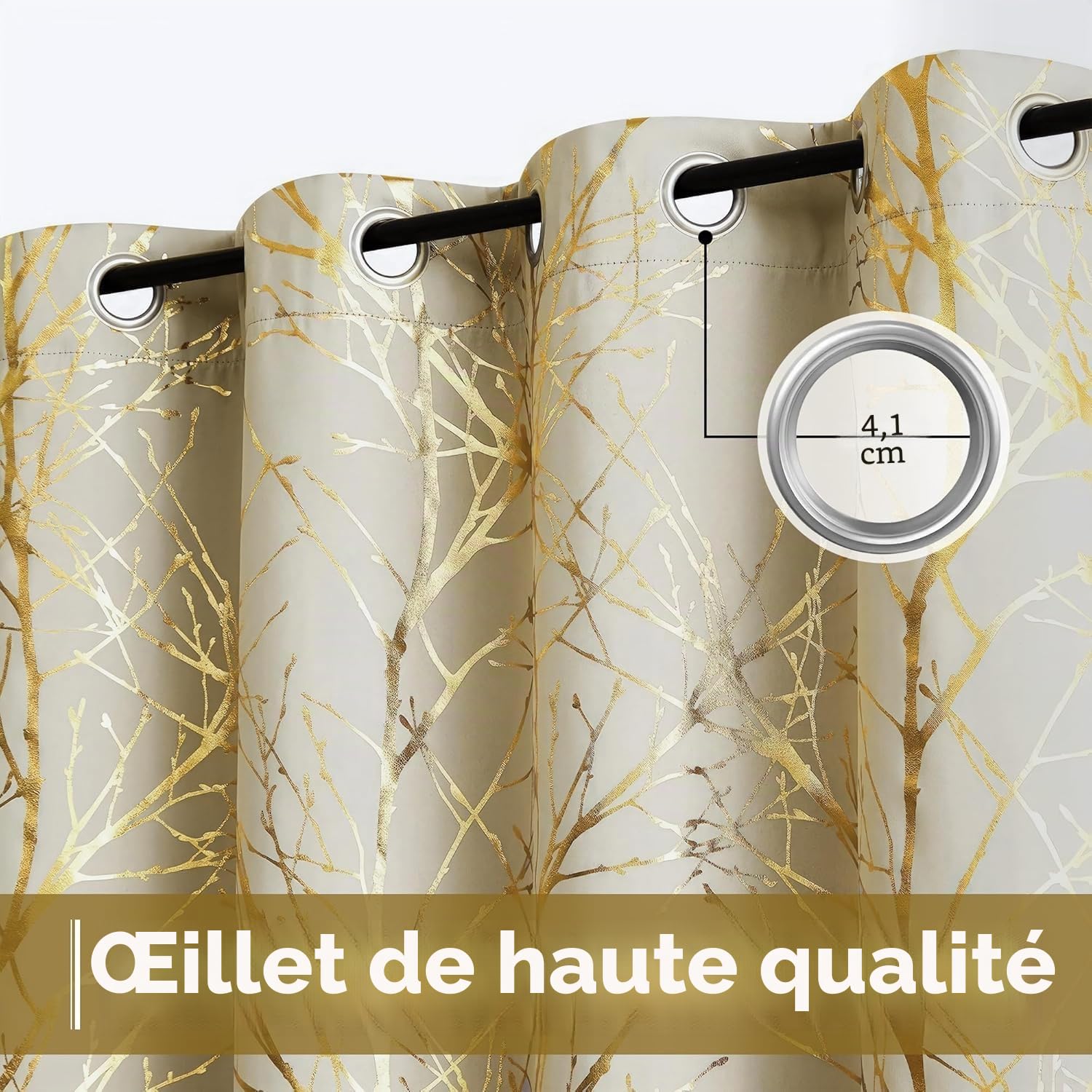 Fmfunctex Lot de 2 rideaux occultants à œillets pour salon et chambre à coucher Motifs branches d'arbre Beige doré 229 cm