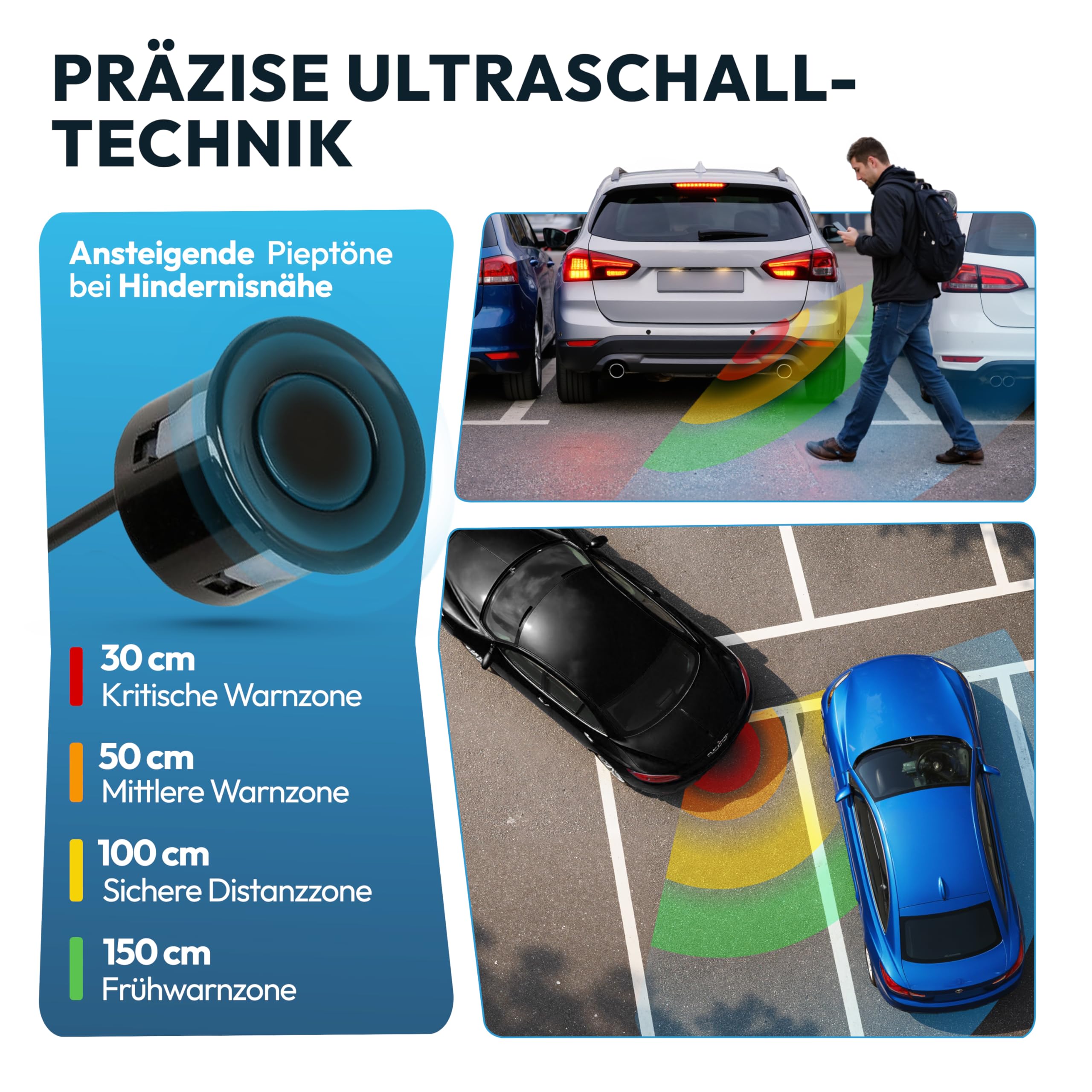 VSG24 Einparkhilfe Set hinten mit Display und 4 Sensoren – robuste PDC Parkhilfe für Auto, SUV & Transporter – optischer & akustischer Rückfahrwarner, 30–150 cm Reichweite – 12V Nachrüstsystem