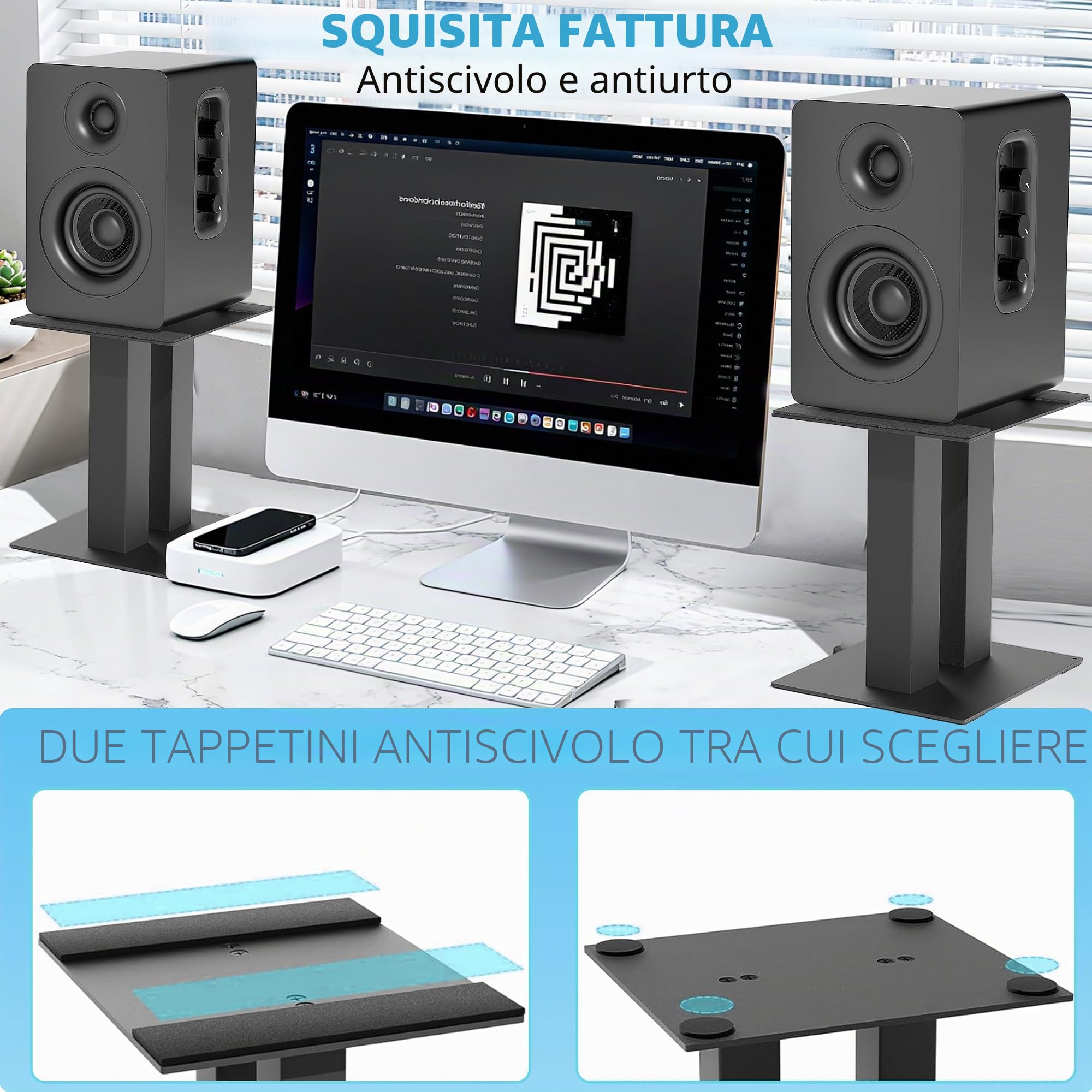 1 paio di supporti per altoparlanti da tavolo con cuscinetti di assorbimento delle vibrazioni fino a 13 kg | Supporti universali per altoparlanti in metallo, supporto da scrivania per computer, libreria (grande)