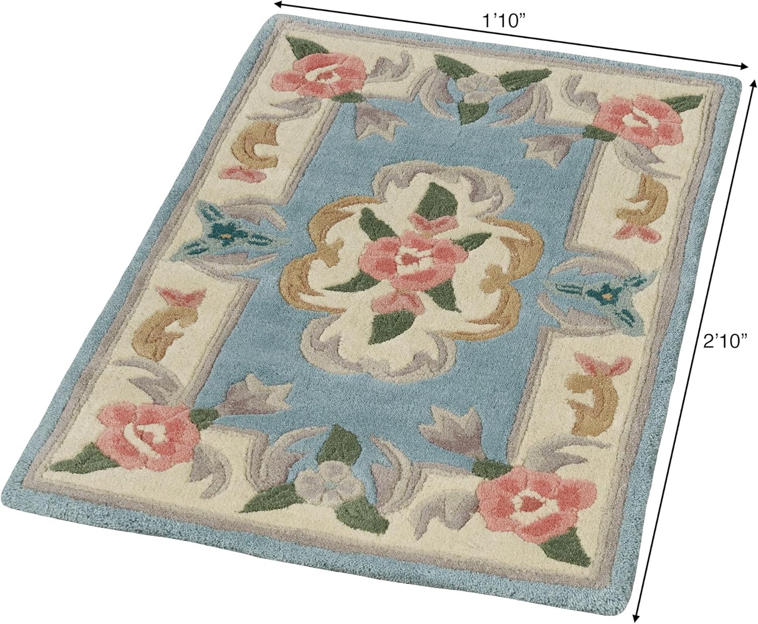 Traditional Floral Serena Aubusson II Small Rectangle Accent Rug | 1 foot 10 inches x 2 foot 10 inches | Parisian Light Blue | Handcarved, Hand-tufted, Luster Washed, Thick Pure Wool Accent Rug