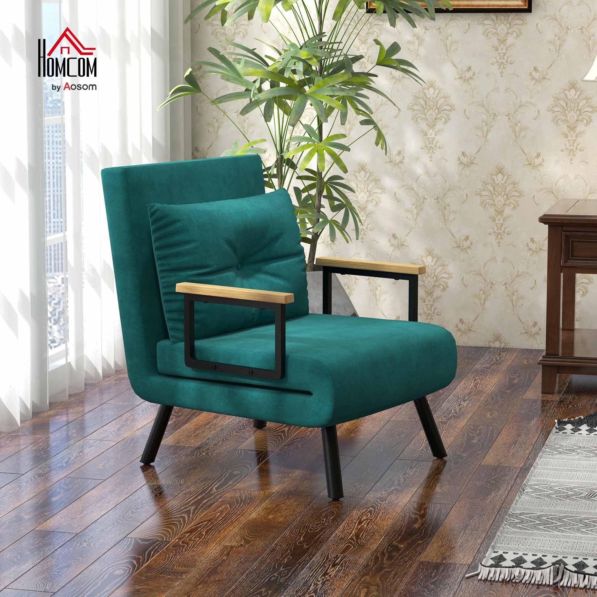 HOMCOM fauteuil convertible 1 place, fauteuil-lit chauffeuse 3 en 1 avec dossier réglable 5 positions, oreiller, siège rembourré, tissu aspect velours, canapé-lit pour invités, salon, bureau, vert