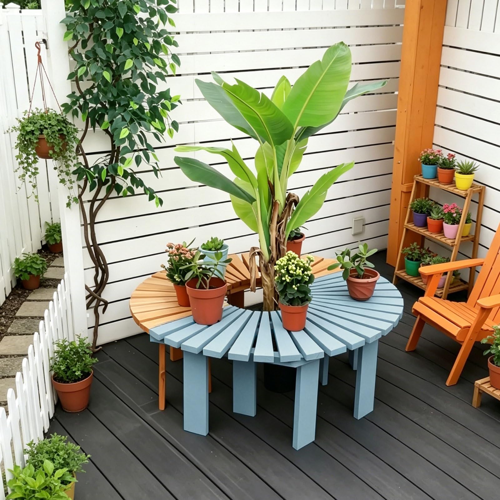 Banco de jardín de madera curvo y asiento semicircular azul para árbol