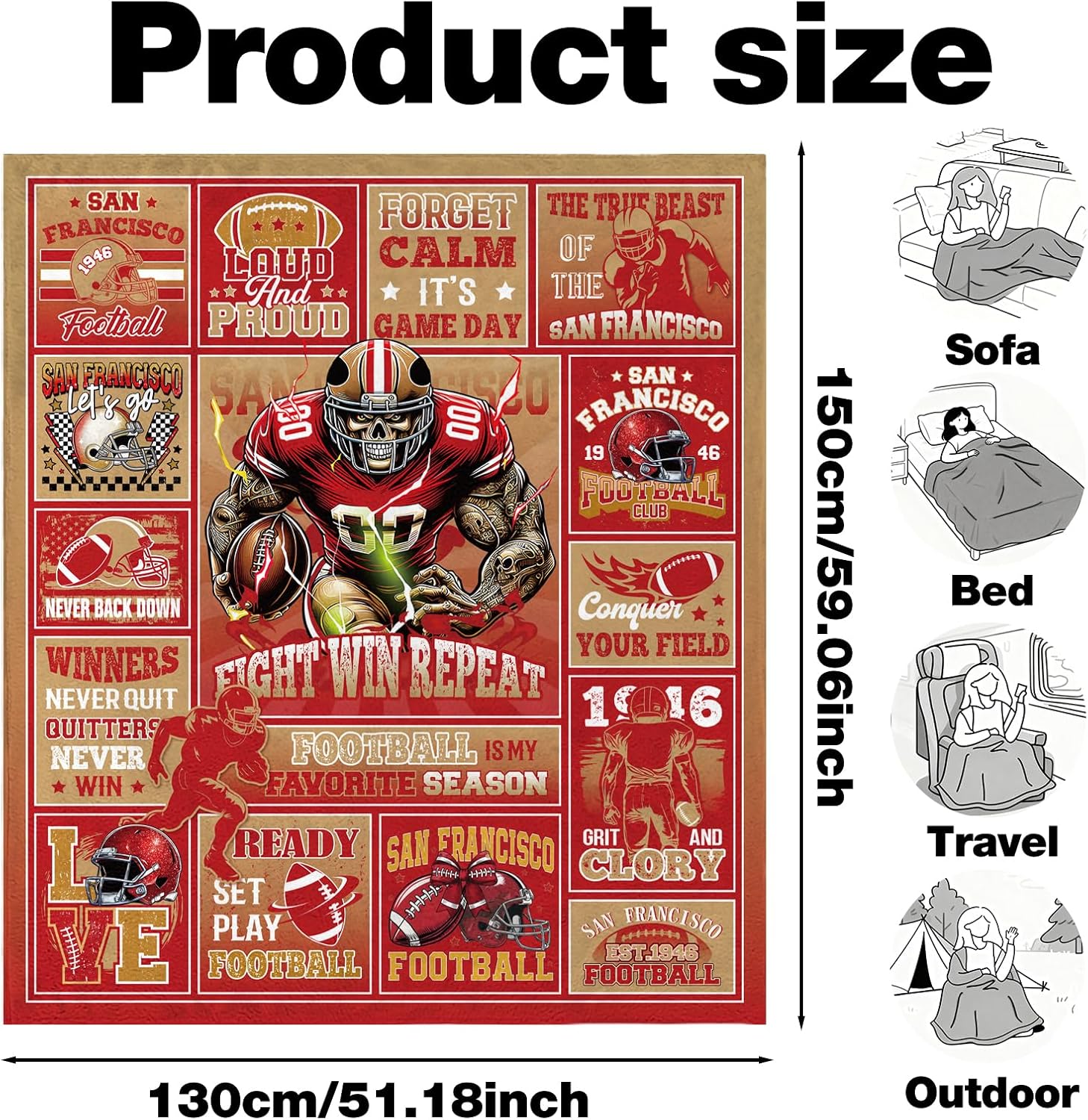 Red Football Throw Blanket, American Rugby Fuzzy Flannel Plush Blanket, Football Lovers Fan Gifts for Men Women Sport Team Game Party Support Sofa Bed Blankets 50'' x 60''
