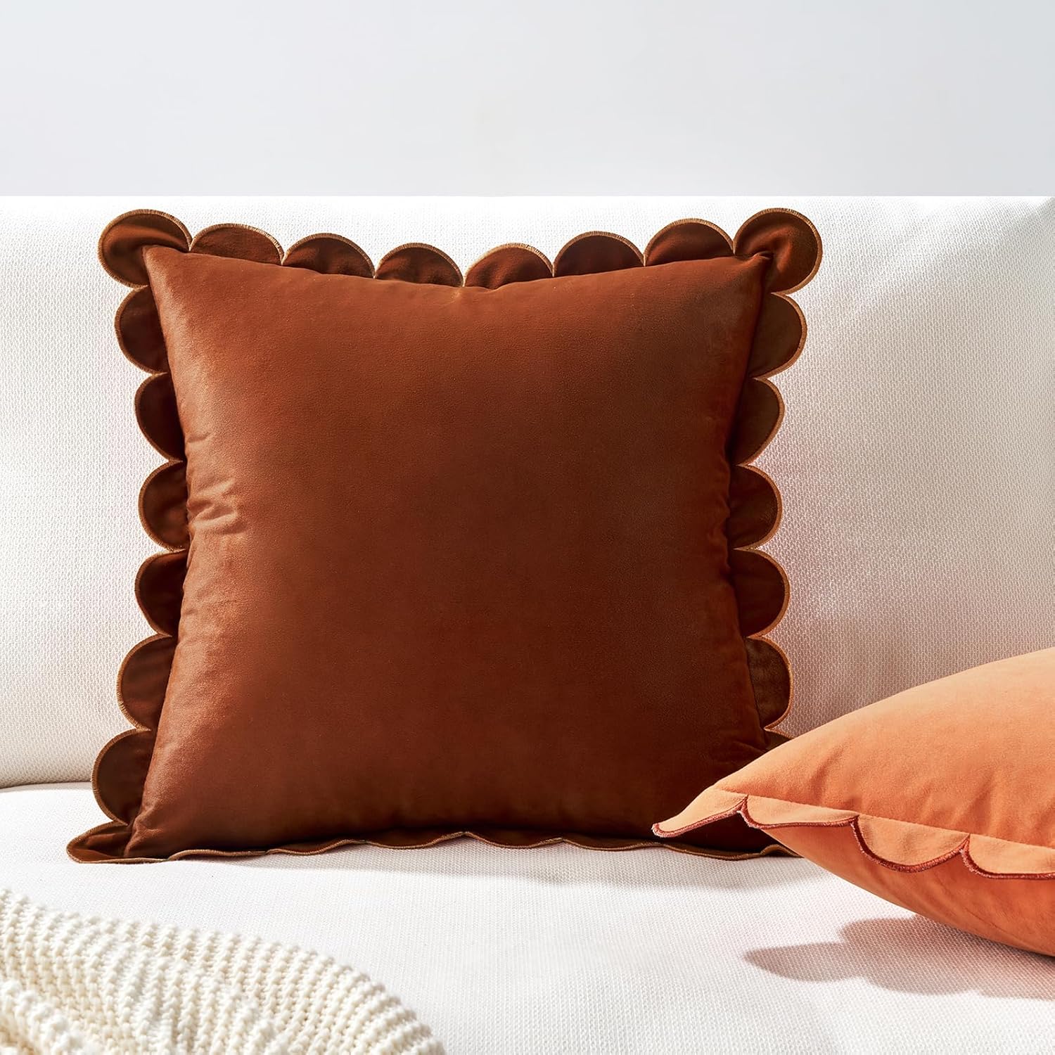 MONDAY MOOSE Decorative Throw Pillow Covers Cushion Cases, Set of 2 Soft Velvet Scalloped Round Edge Designs, Mix and Match for Home Decor, Pillow Inserts Not Included (16x16 inch, Rust/Coral)