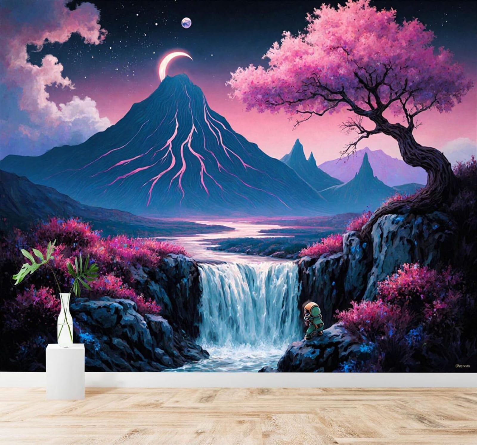 Xlming 250Cm×170Cm(B×H) Purple Fantasy Landscape Mountain Peaks Waterfall Crescent Moon Flowering Trees 3D Wallpaper Premium Textured Silk Study Dining Living Room Bedroom Sofa Tv Wall Easy Install-250Cm×170Cm