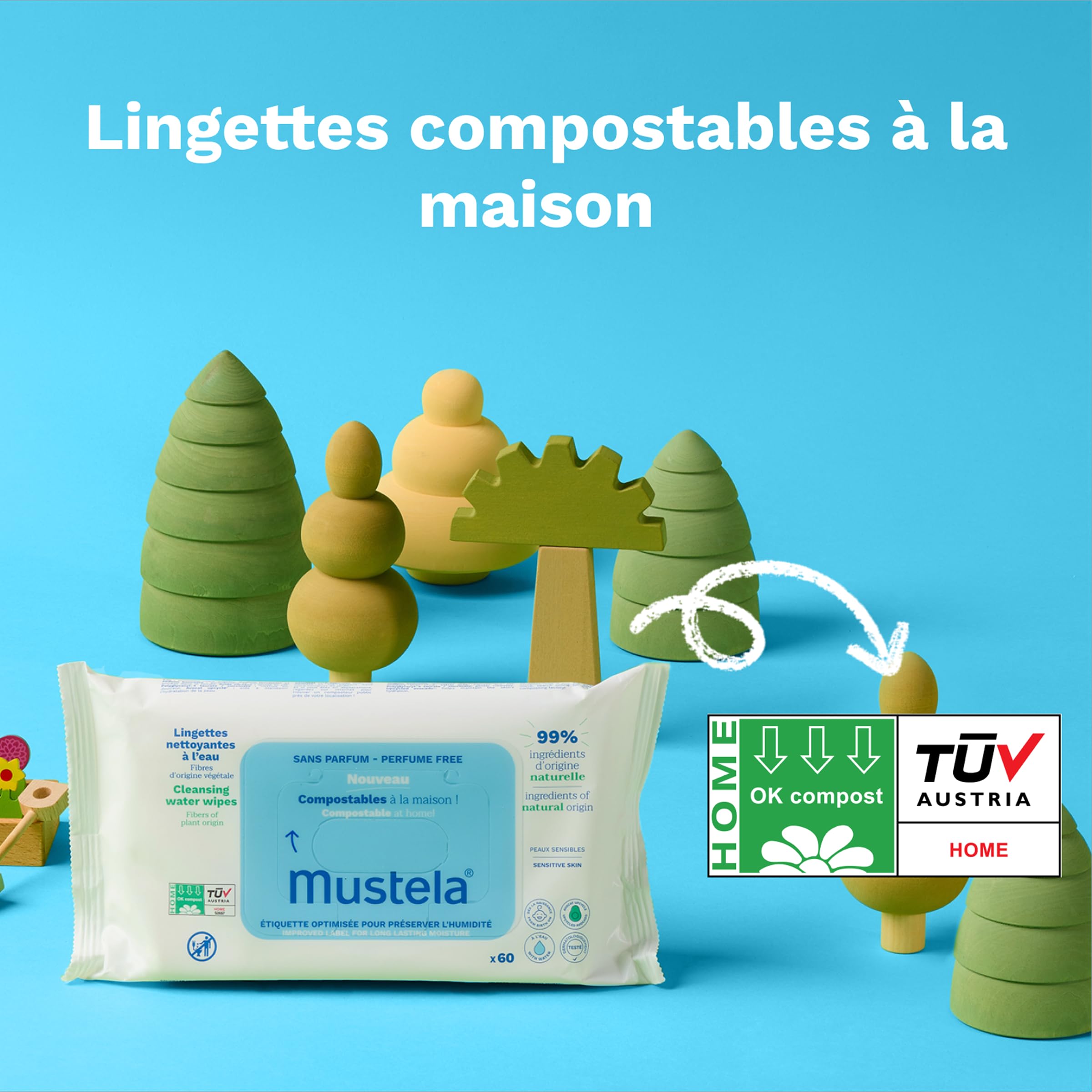 Mustela - Lingettes Nettoyantes à l'Eau - Lingettes Bébé Compostables - Visage, Mains, Siège - 99% ingrédients d'origine naturelle - Fibres d'origine Végétales - Hygiène Bébé et Soin - Sans Parfum