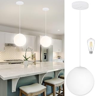 10 Inch Pendant Light White Globe Pendant Lights Kitchen Island Mid Century Light Fixture Adjustable Globe Pendants Lights with Milky White Glass Shade for Dining Room Living Room