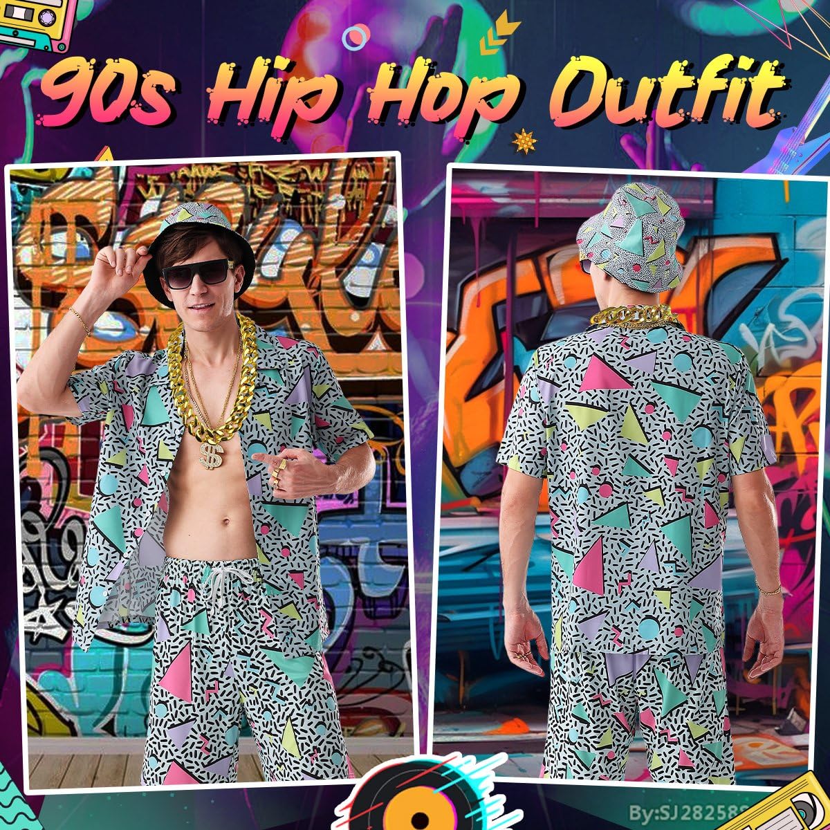 80s 90s Outfit for Men Hip Hop Costume Button Up Blouse Tops Disco Retro Theme Party Outfit Hawaiian Vintage LightBlue-L - Image 3