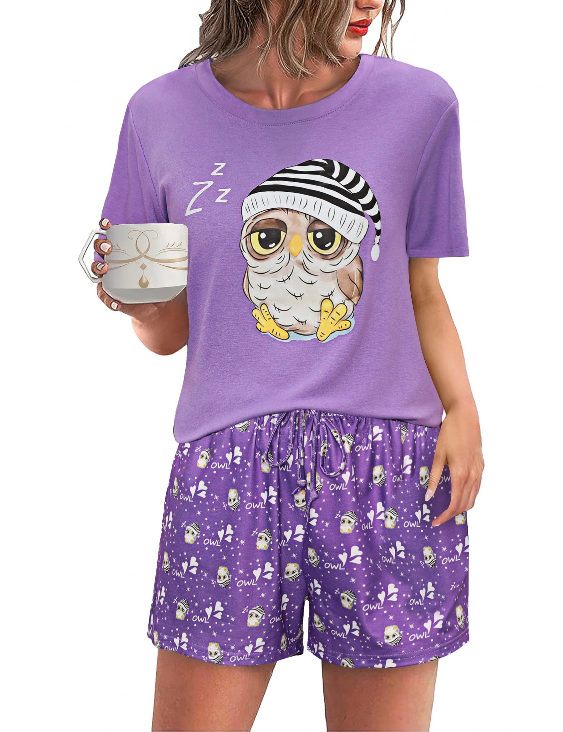 Demegimi Schlafanzug Damen Pyjama Kurz Baumwolle Shorty Zweiteiliger Nachtwäsche Sommer Pyjama Set Rundhals
