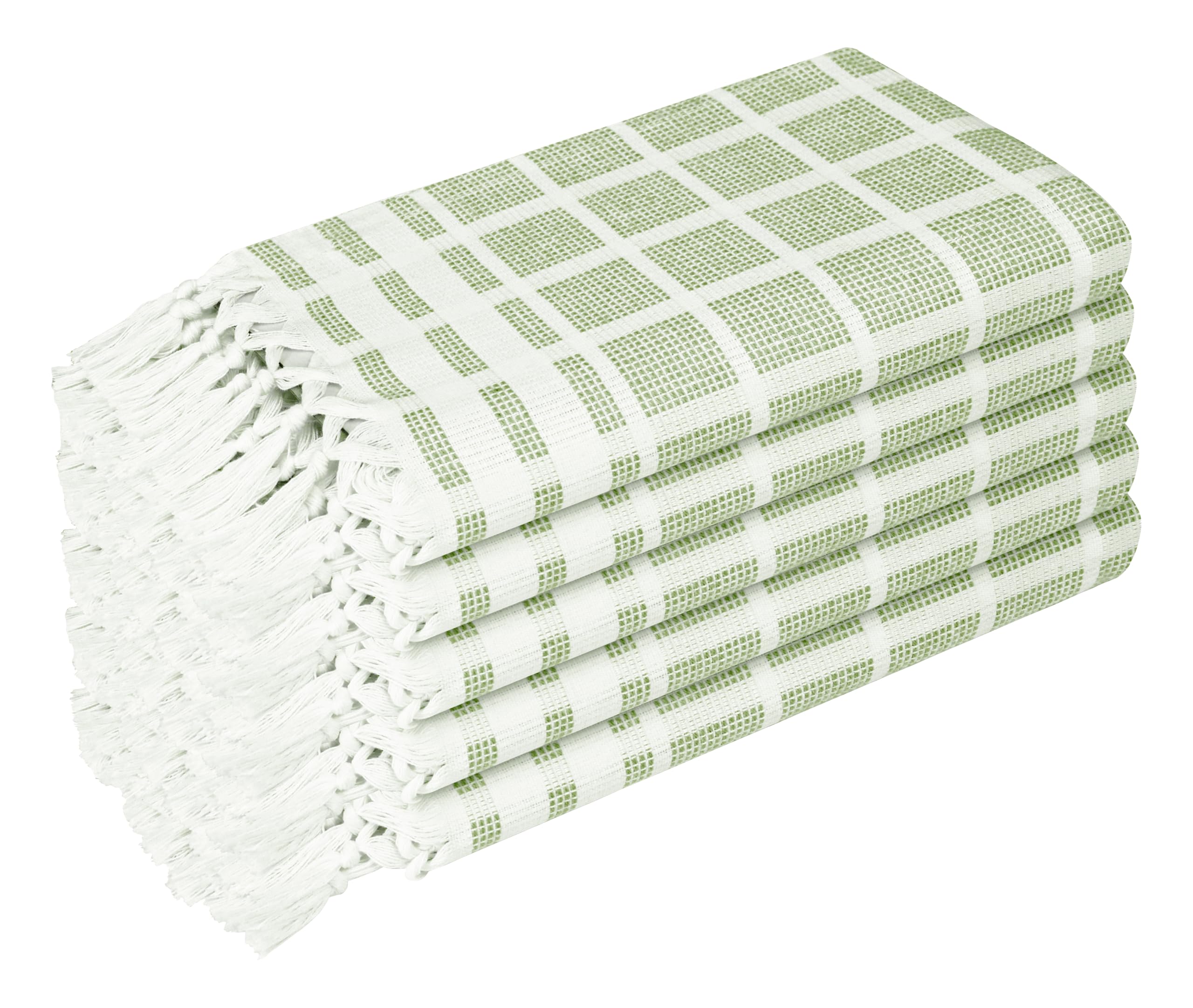 HEIRLOOM COMFORT Mint Green and White Dotted Matrix Kitchen Towels 5 Pack, 100% Cotton, 40x66 cm, Decorative Tassels, Quick Dry Dish Towels for Cleaning, Cooking & Drying
