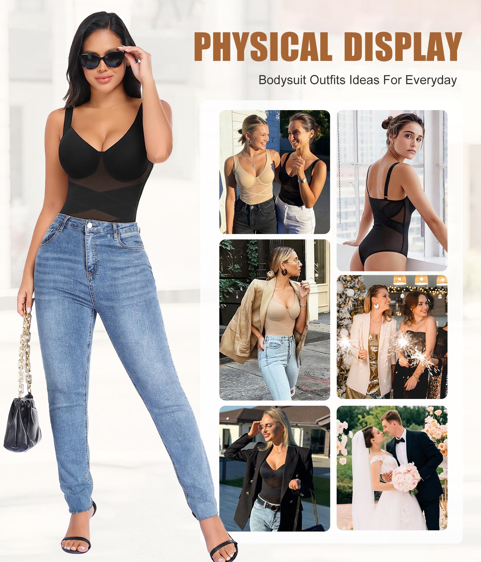 Niwicee Shapewear Damen Body Shaper Bauchweg Bodysuit Tanga Mesh Atmungsaktiv Shapewear V-Ausschnitt Formende Miederbody Figurformende Tank Top Jumpsuit Shaping mit BH