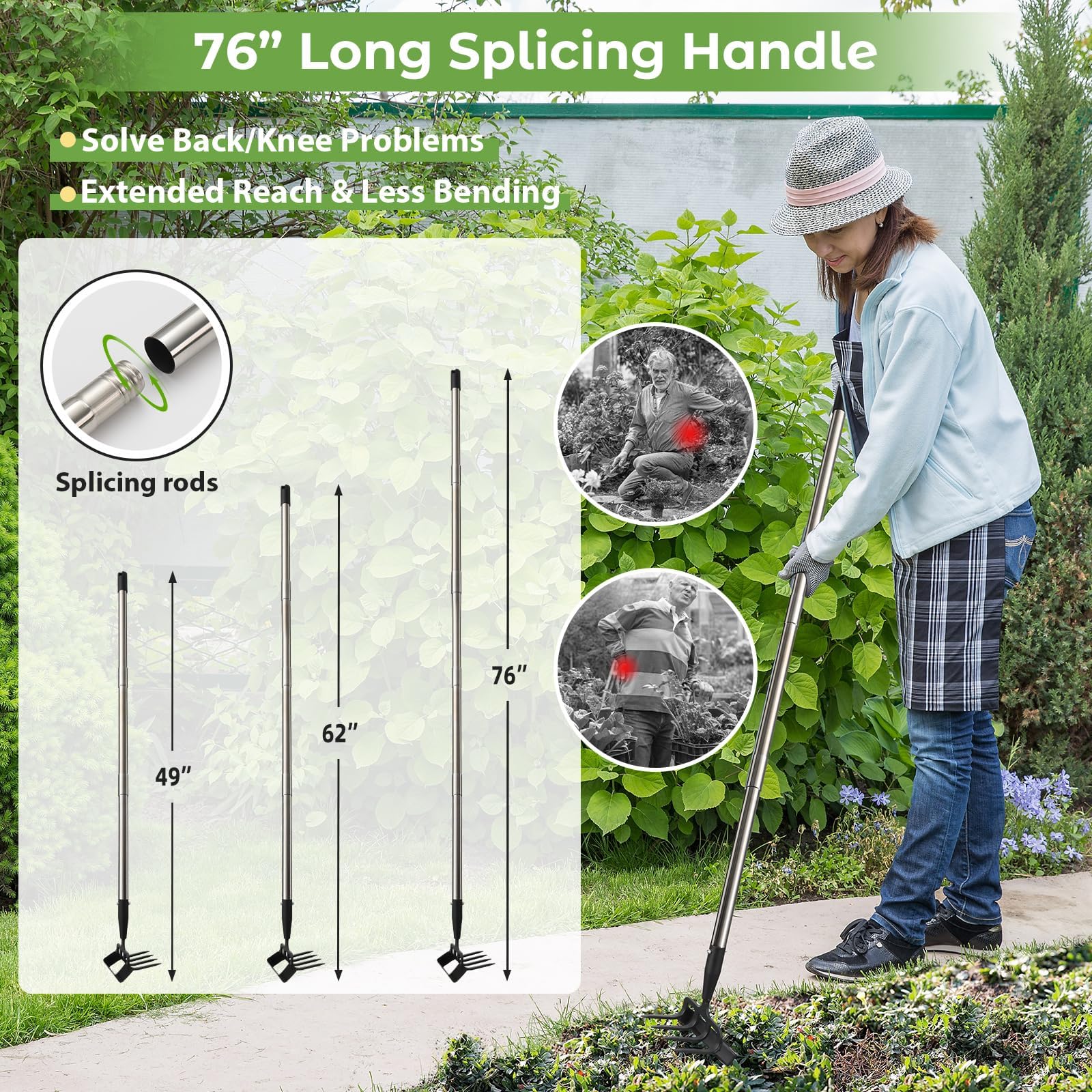 Zappa da giardino per diserbatura, strumento per zappa con supporto per giardino con anello regolabile, manico lungo 157 cm, argento, regolabile, per diserbo