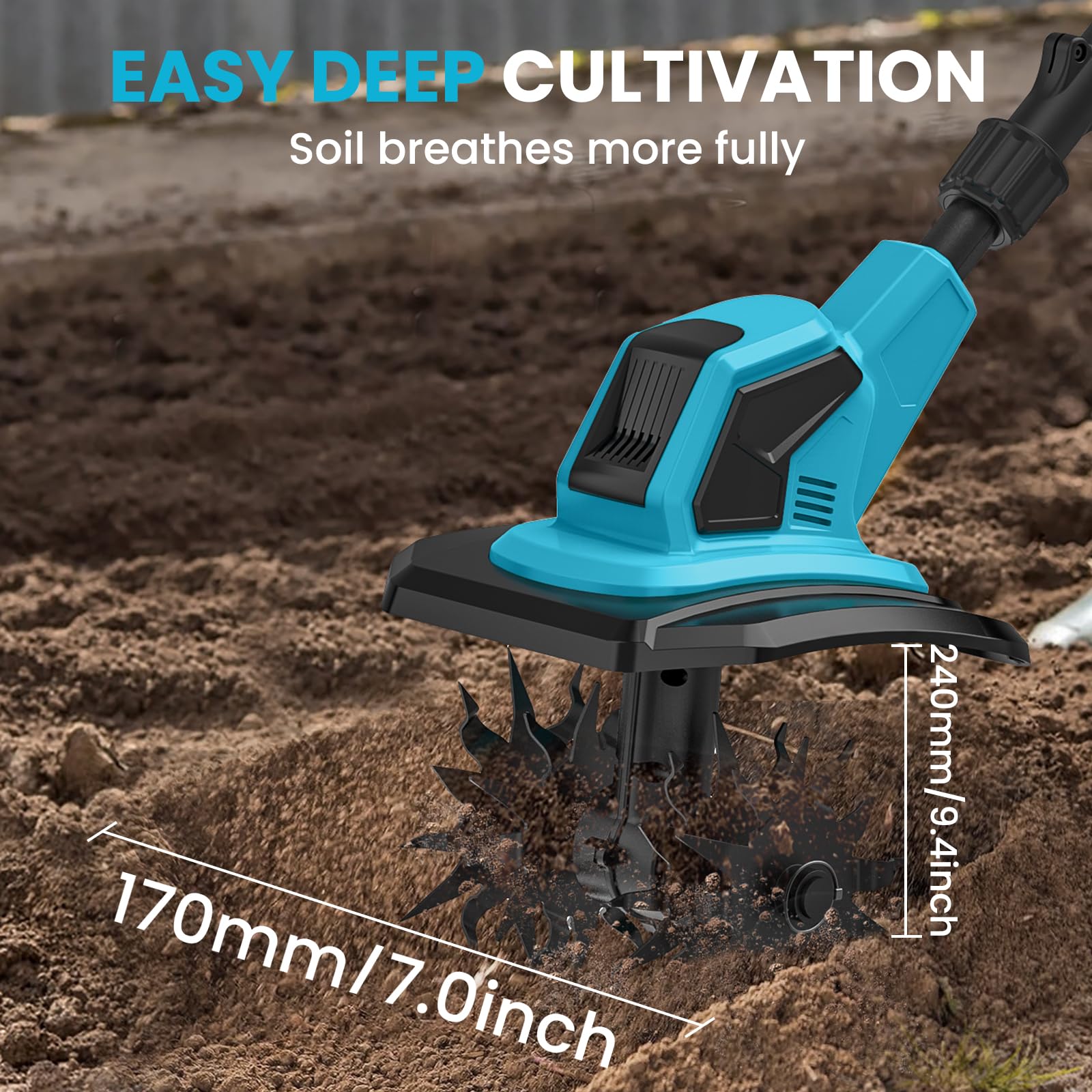 Motobineuse Electrique 21V, Motoculteur sans Fil 600 W avec 2 x 4,0 Ah Batteries, Largeur de Travail 17 cm, Profondeur de Travail 24 cm, 360 TR/Min, Motobineuse Électrique pour Le Jardin et la Cour