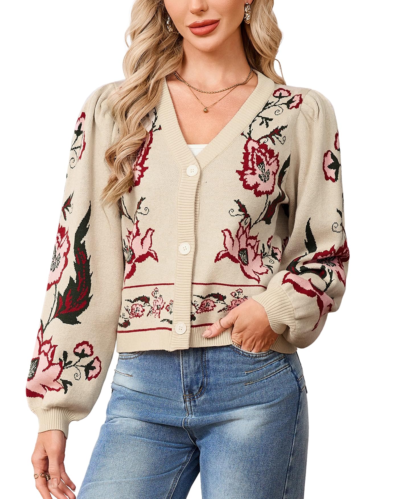 yexpine Women's Floral Cardigan Long Puff Sleeve V-Neck Button Down Flower Cropped Sweater-picture-28