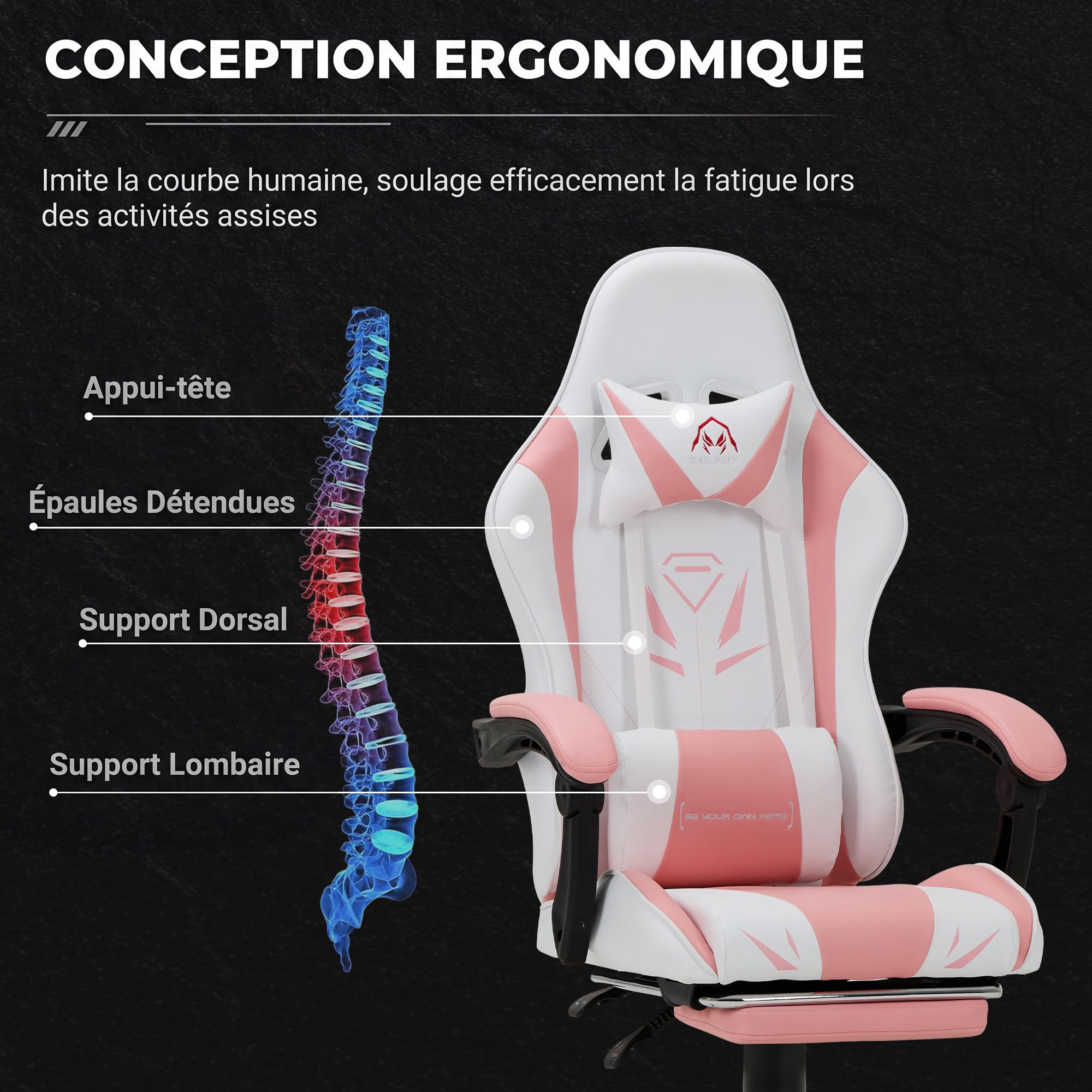 COLAMY Chaise Gamer, Chaise d'ordinateur avec Repose-Pieds et Soutien Lombaire, Chaise de Gaming réglable en Hauteur avec Assise pivotante à 360° et Appui-tête, Chaise PC pour Joueur, Rose