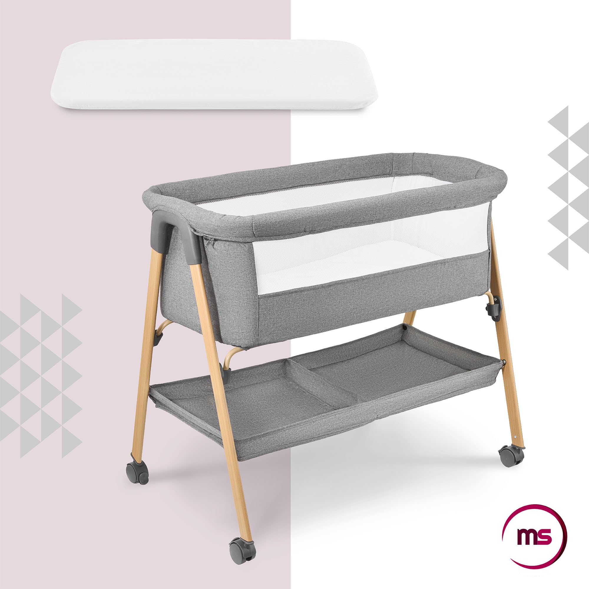 Moby-System Lit Bébé avec Matelas - Berceau Pliant 0-6 Mois - Gris Mélange - Respirant, Léger, Mobile avec roulettes et Freins, Pliable avec Panier de Rangement - LOZ Mili