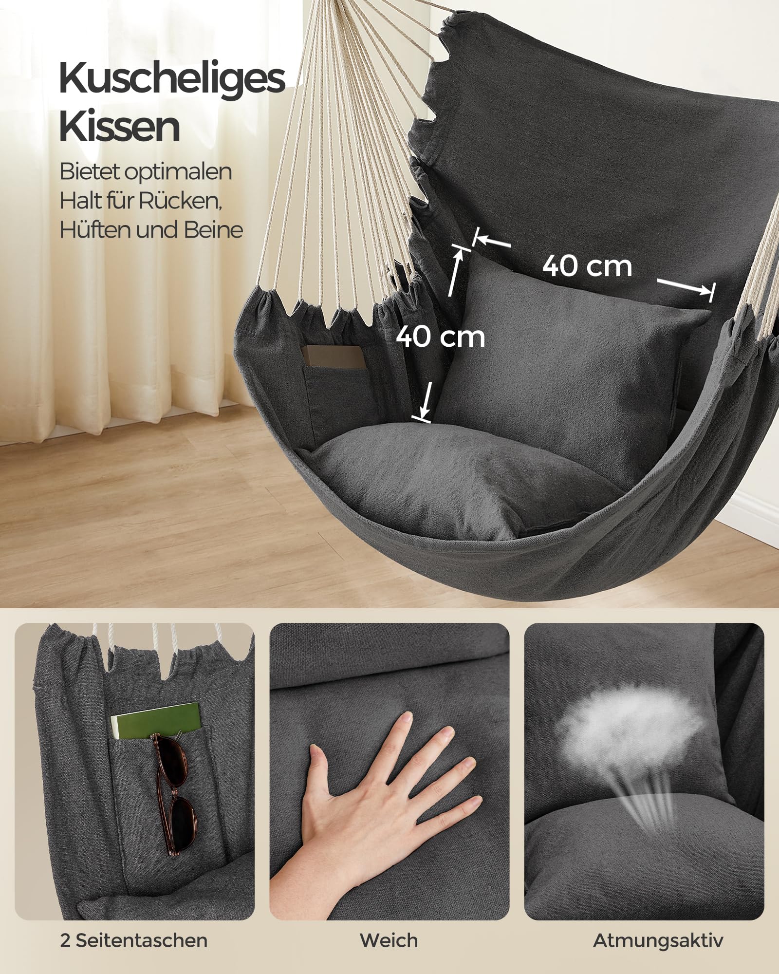 SONGMICS Hängesessel, Hängeschaukel, Hängestuhl mit 2 Kissen, Metallkette, bis 150 kg belastbar, Indoor und Outdoor, Wohnzimmer, Schlafzimmer, schiefergrau GDC197G02