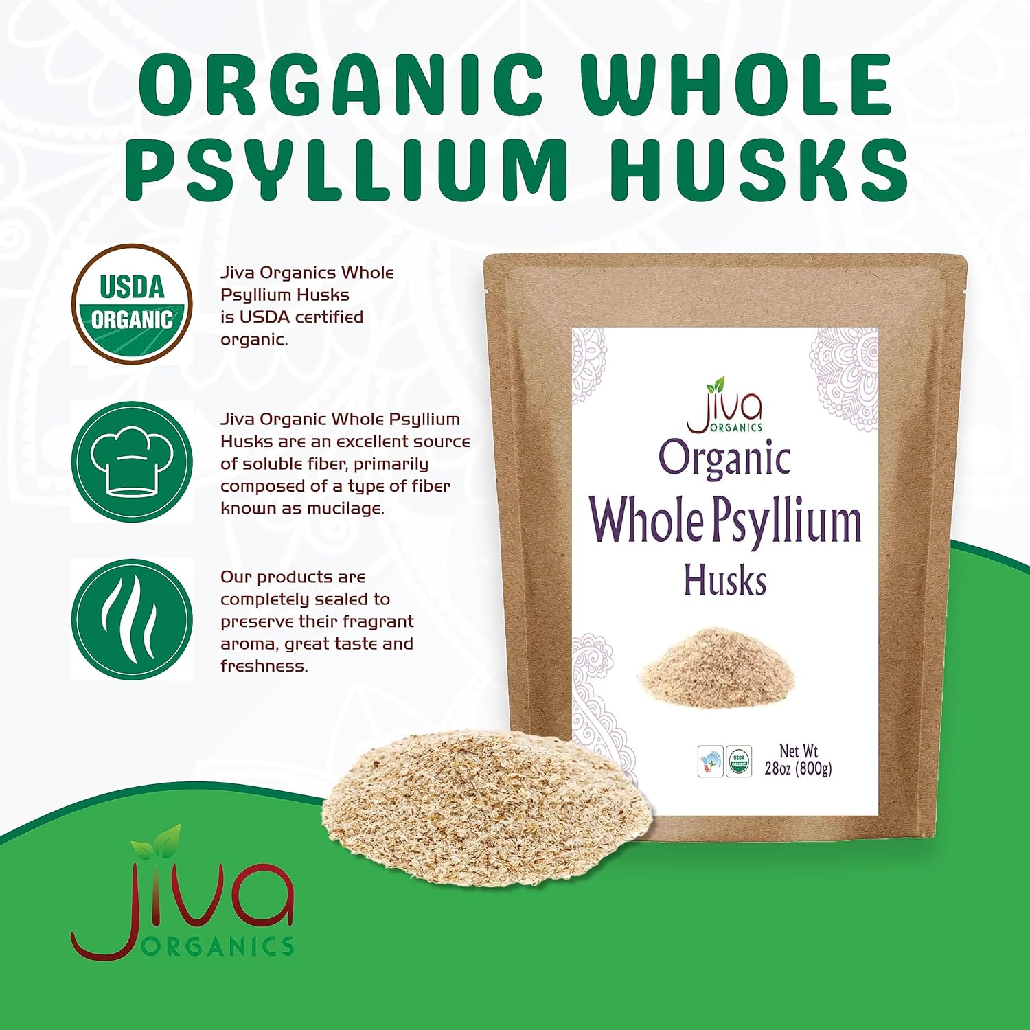 Jiva Organics Whole Psyllium Husk (Isabgol) 1.75 LB (28 Oz) Jumbo Bag - Non-GMO, Unflavored - Keto Friendly, Soluble Fiber - Image 2