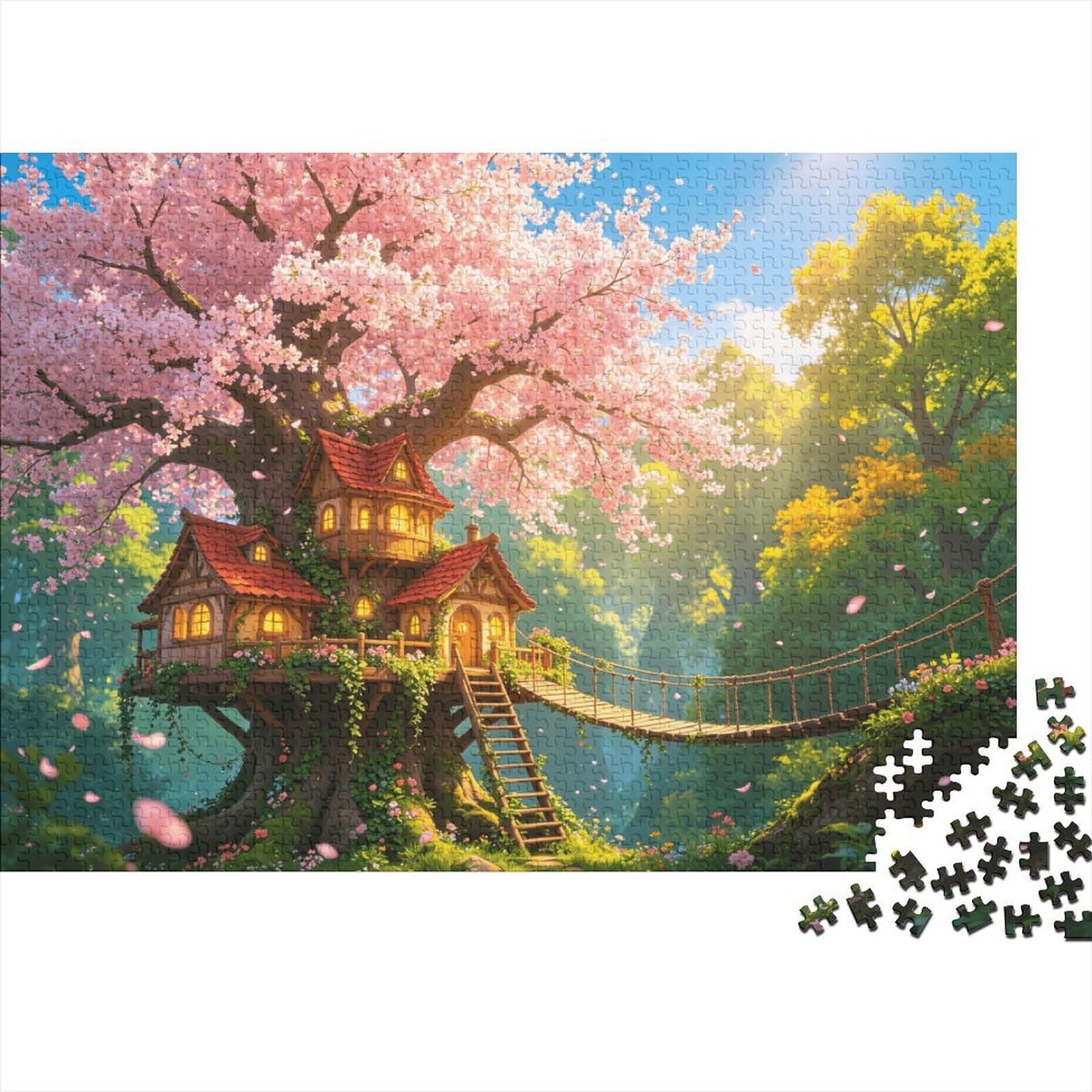 Tree Elf Houses Puzzle for Adults 1000Pc Recyclable Dreamy Forest Jigsaw Puzzles Interesting Family Game Props Fun Present for Holiday Blessings Gift 70x50cm/1000pcs