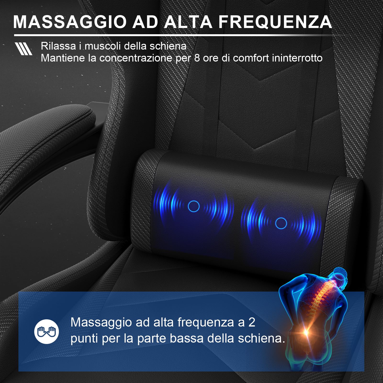 JUMMICO Sedia da gaming da ufficio, ergonomica, con cuscino lombare massaggiante, schienale regolabile 90-135°, e poggiapiedi, capacità di carico 150 kg, colore: nero