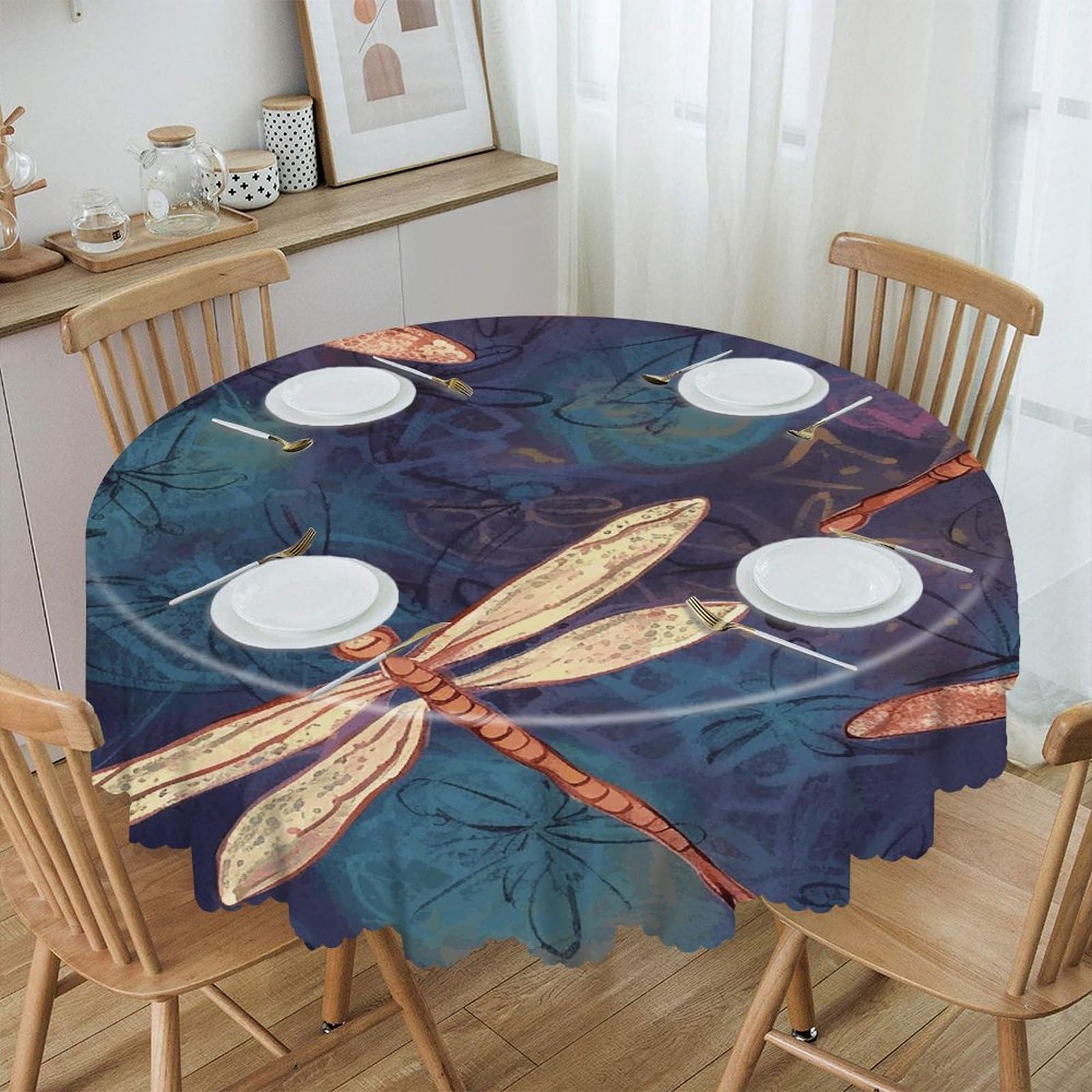 LZQPOEAS Hand Painted Dragonfly Round Tablecloth Rustic Circle Table Cloth Wrinkle Resistant Decor Tablecloth Waterproof Washable Table Cover for Kitchen Party Dining Table 60 Inch