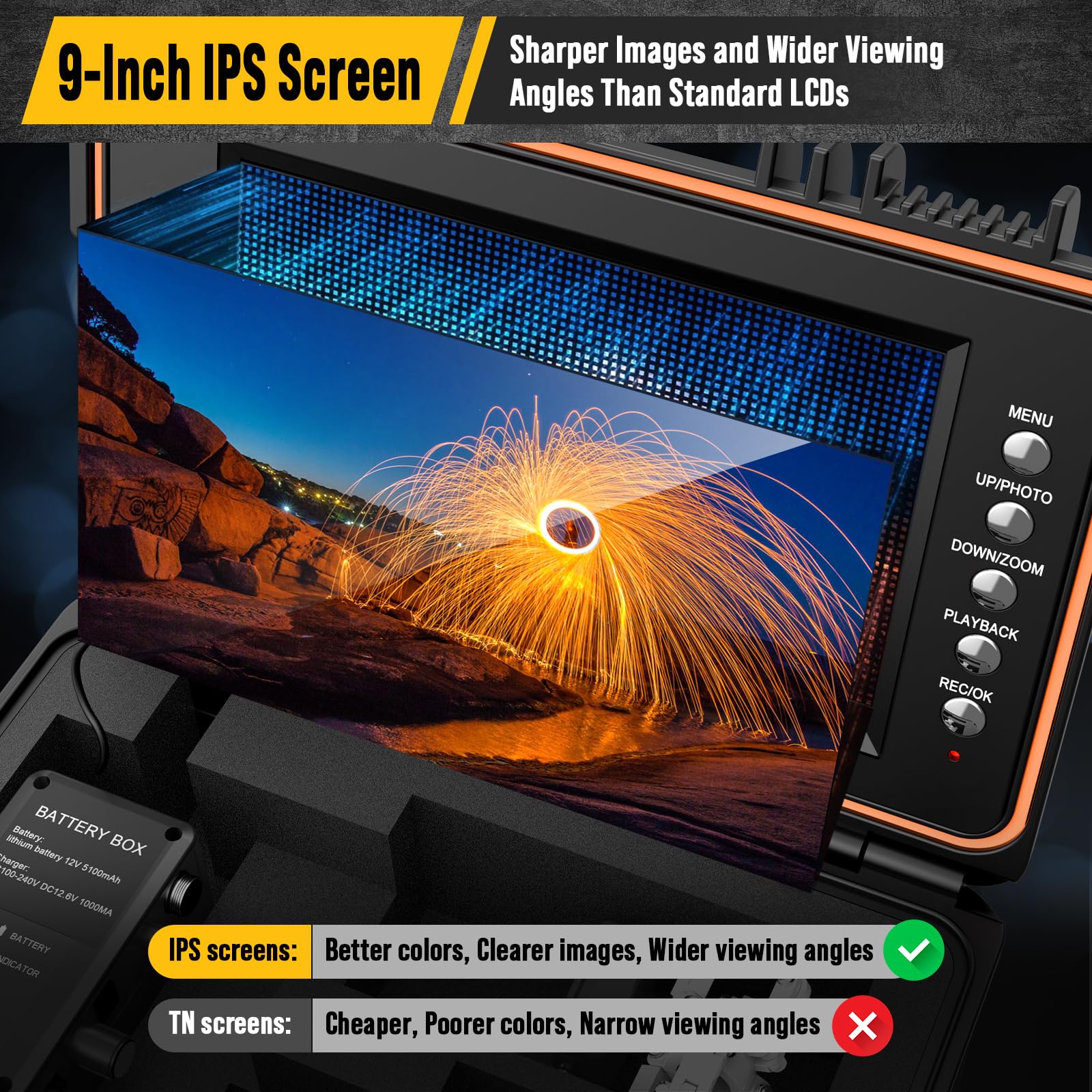 Anysun Cámara de Inspección, Endoscopio 1080P con Autonivelación, Cable Marcado en Metros, Pantalla IPS de 9", Grabadora DVR con Tarjeta de 32 GB, Cabezal de Cámara IP68 de 23 mm, Batería de 5100 mAh