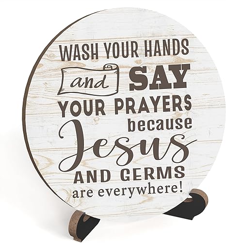 Miniatura 8 de Letreros rústicos para baño, divertido letrero redondo con soporte, letrero de Wash Your Hands para estante de baño, letrero con cita de baño de