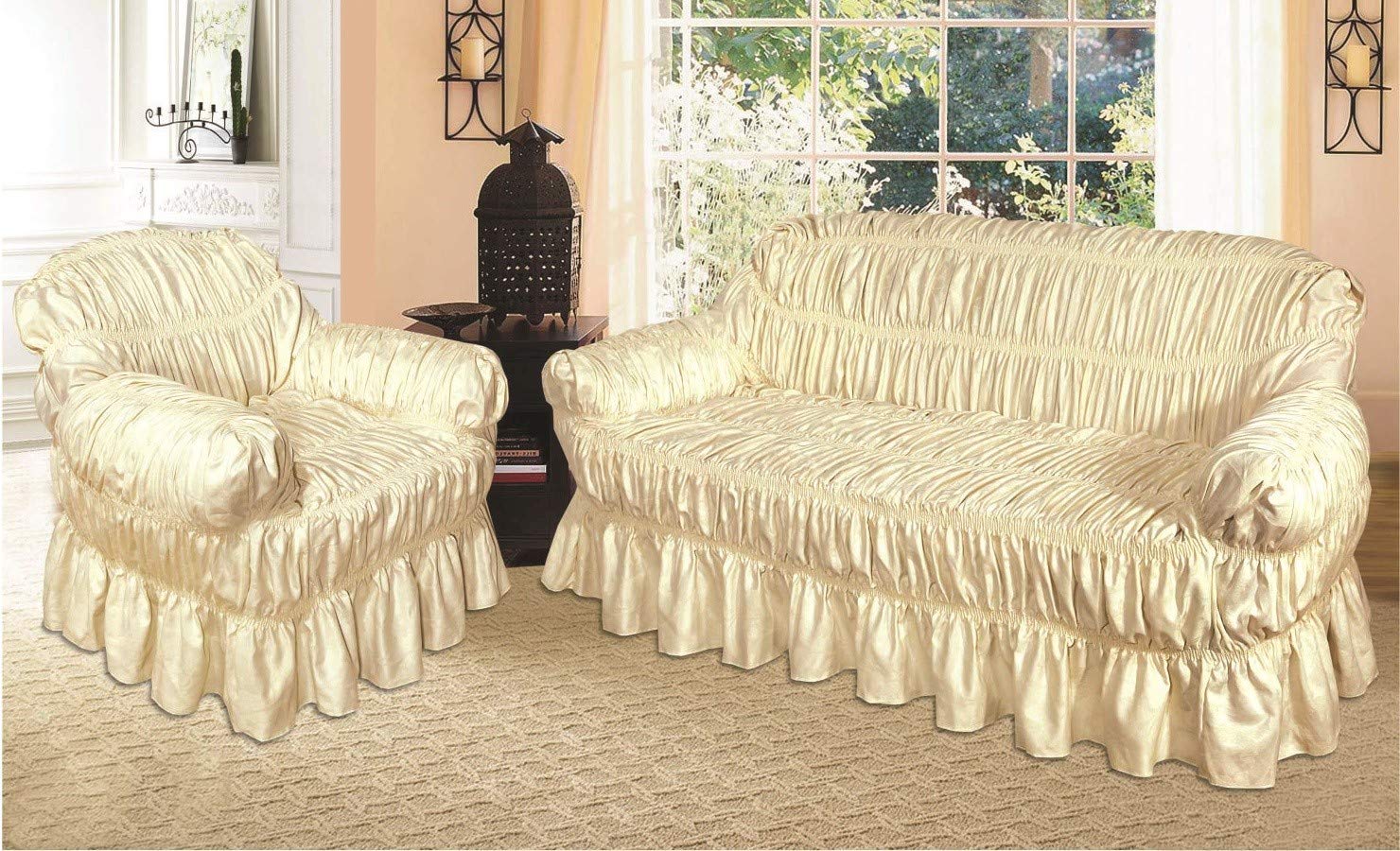 Jacquard Sofa Cover for 1, 2 & 3 Seater in/Alternate to Sofa Throw (Cream, 2 Seater)