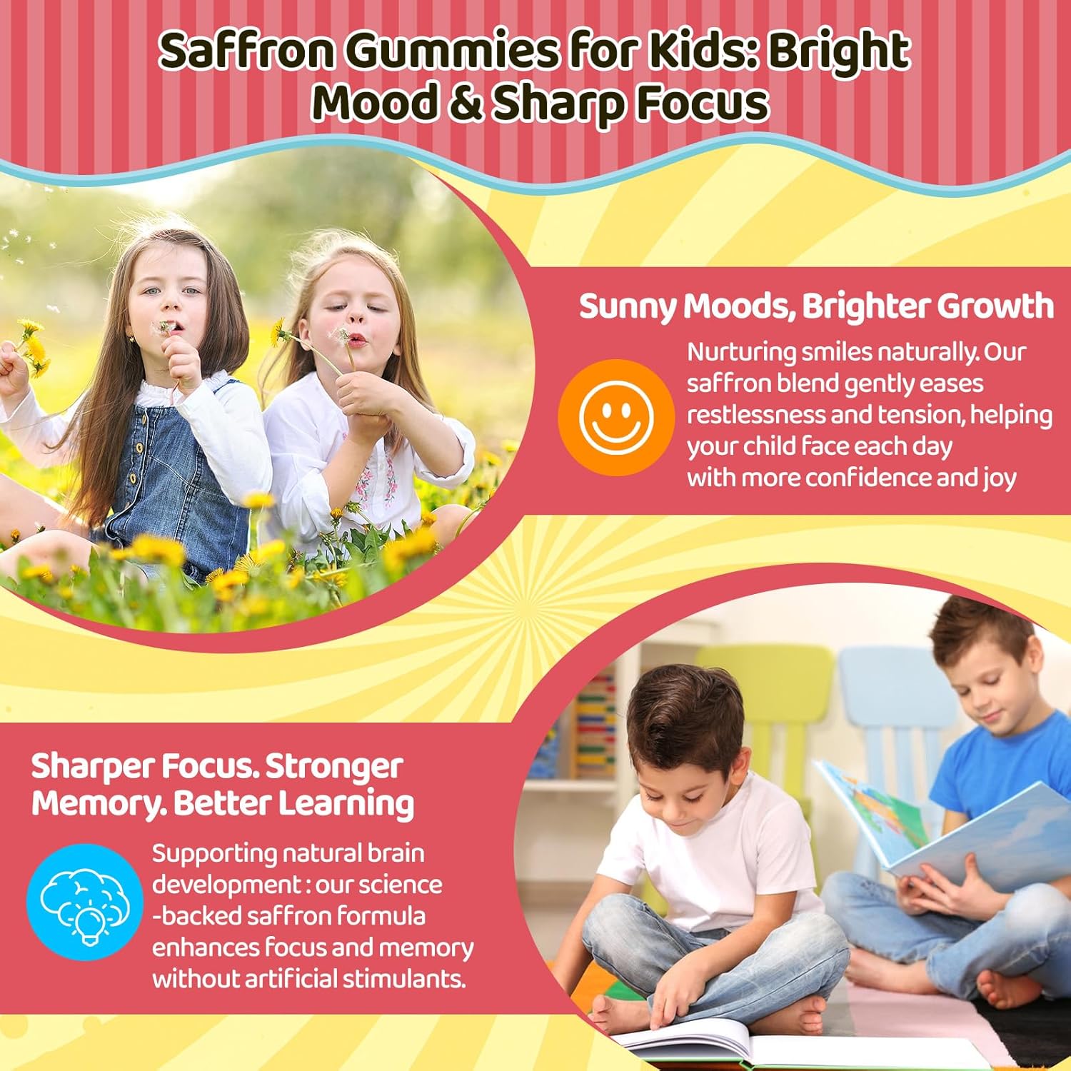 Liposomal Saffron Gummies Kids, Saffron Supplements w/Holy Basil, Rosemary, Magnesium Bisglycinate, Omega-3 & More,Focus & Brain Support Supplement, Non-GMO,Vegan, 60 Chewables - Image 5