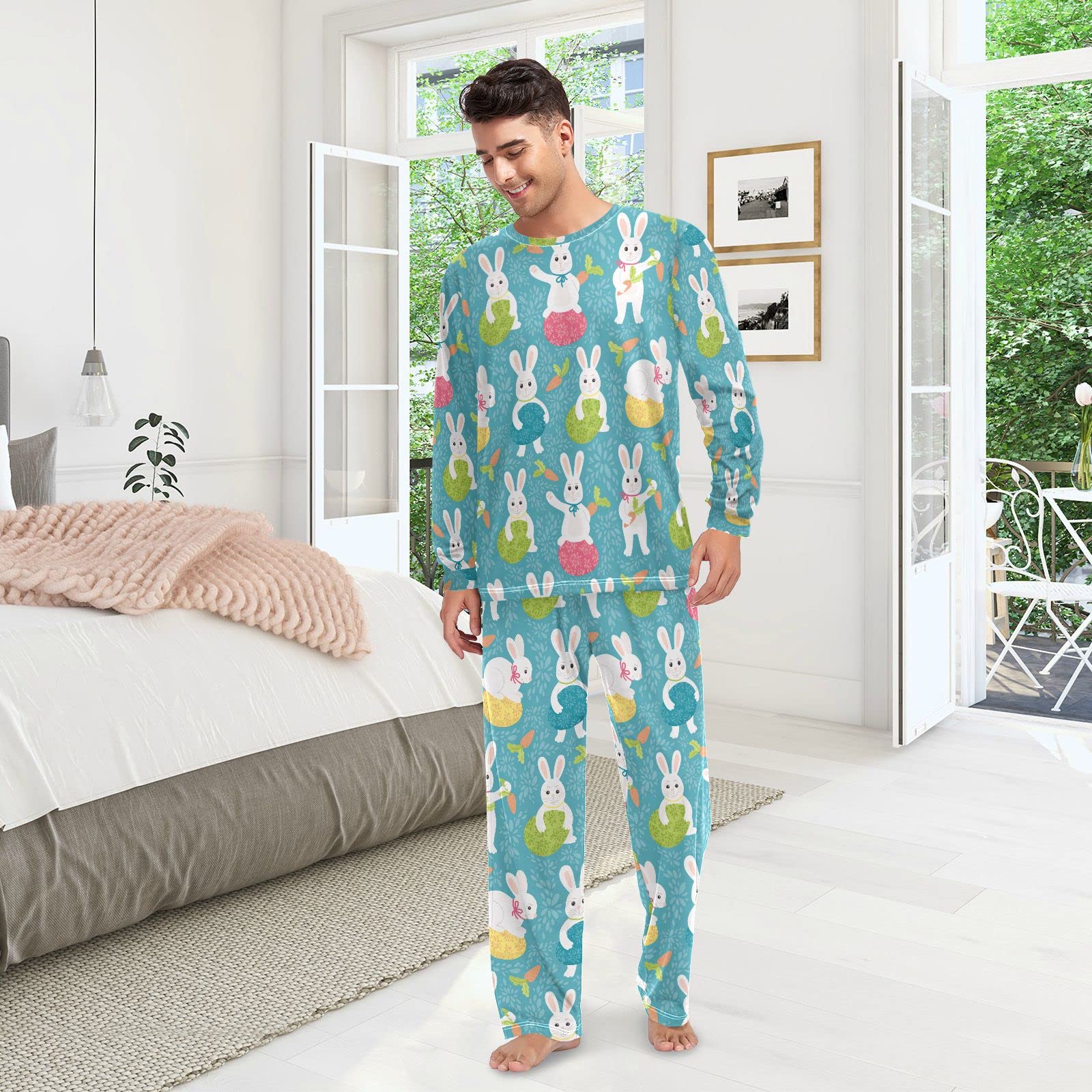 JUNZAN Wielkanocne jajka urocza jagnięca zielona piżama dla kobiet długi rękaw top i dół bielizna nocna zestaw para bielizna nocna, Easter Bunny Eggs Flat Style Teal Blue, S